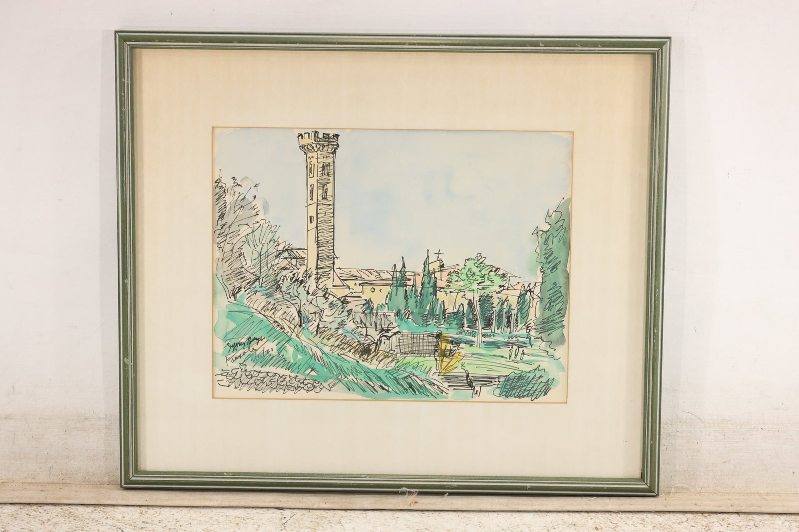 Jeffrey Beyer Fiesole, Italy Ink and Watercolor: An ink and watercolor view of Fiesole, Italy, by Jeffrey Beyer. A tall stone bell tower rises above buildings and trees, rendered with lively linear marks and washes of green and blue. Signed and insc