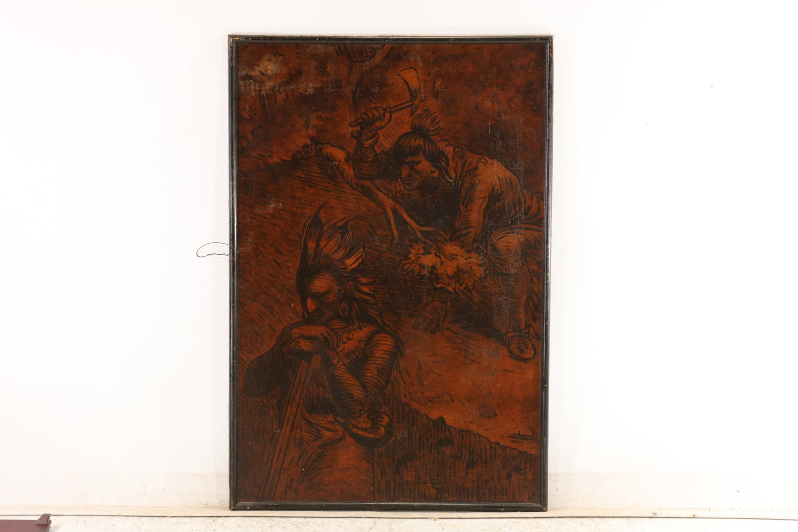 Historical Frontier Scene Decorative Wood Panel: A decorative wood panel depicting a violent frontier encounter, with one figure standing over another in a wooded landscape. Dark illustrative linework contrasts with the warm amber-brown ground. The 