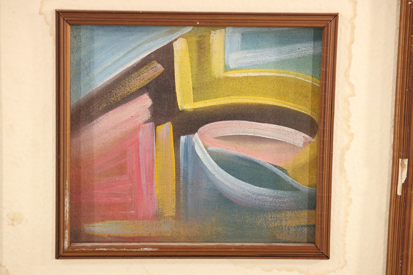 Small Geometric Abstract Painting on Board: A small abstract painting on board composed of intersecting angular bands and rounded, bowl-like forms. Dusty blue, rose, yellow, cream, and dark brown passages create a compact arrangement of overlap