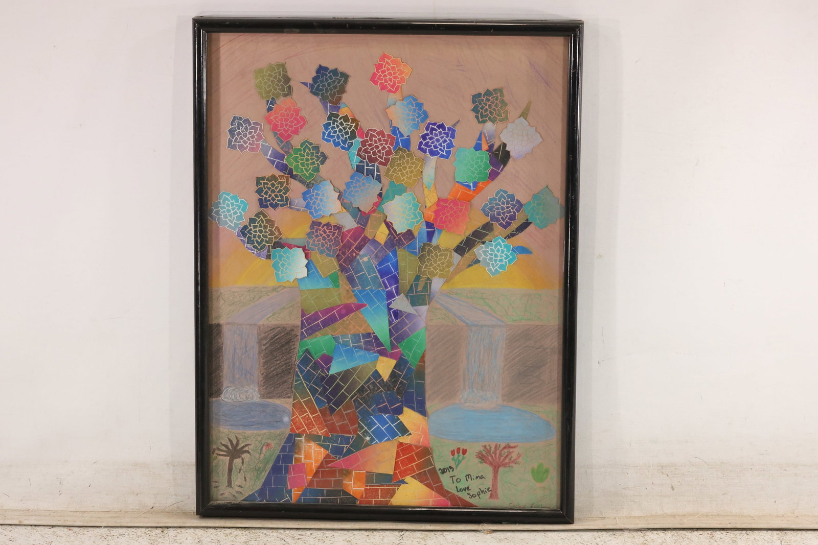 Sophie Epstein Tree Collage, 2013: A mixed-media tree collage signed Sophie Epstein and inscribed "2013 / To Mima / Love / Sophie." Patterned paper shapes form a bright patchwork trunk and branching floral canopy over a drawn landscape