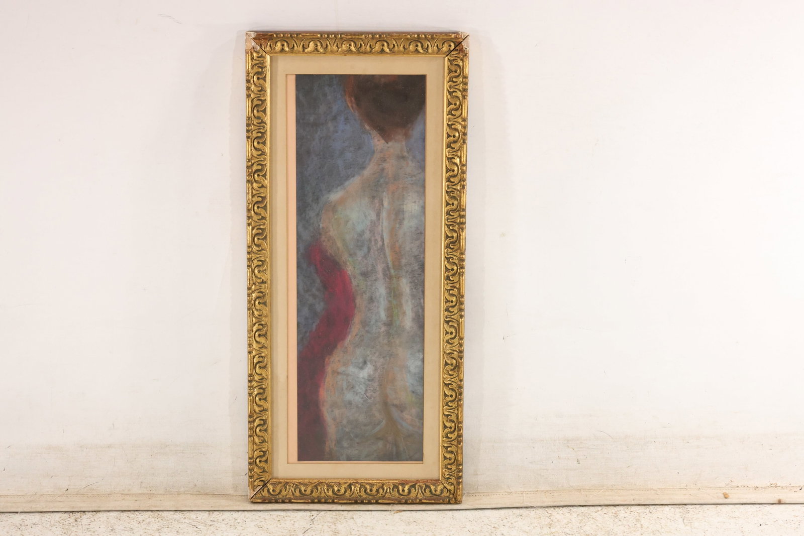 Female Nude Back View Pastel: A narrow pastel figure study depicting a standing female nude viewed from behind. Soft blue-gray and pale flesh tones model the figure against a darker ground, with a deep red passage along one side. 