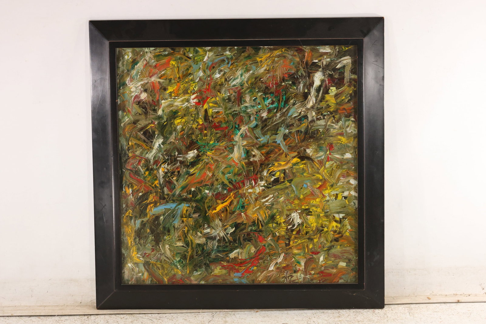 Attributed to Stevan Jennis, Textured Abstract Painting: An abstract painting on canvas attributed to Stevan Jennis in the accompanying collection notes. Dense overlapping strokes of green, ochre, brown, white, red, and turquoise cover the surface, producin