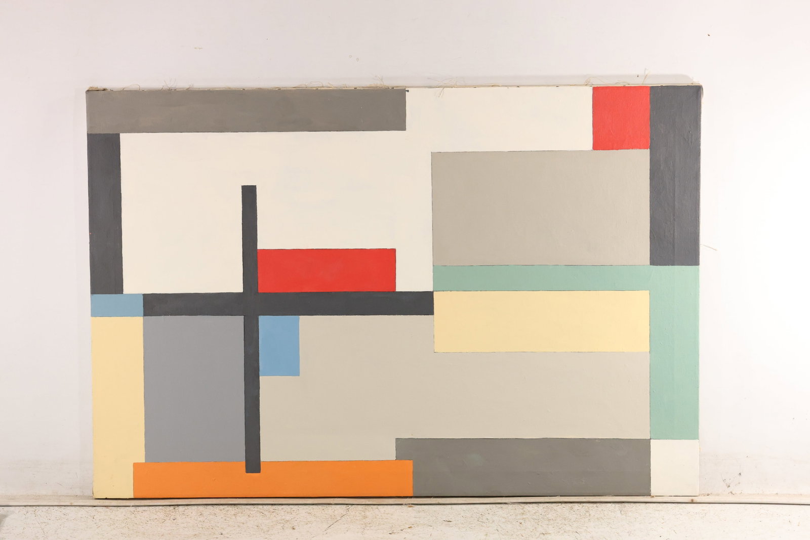 Geometric Grid Abstract Painting on Canvas: A geometric abstract painting on canvas with intersecting black bars and rectangular fields of cream, gray, pale blue, yellow, red, and orange. The carefully arranged shapes balance muted background