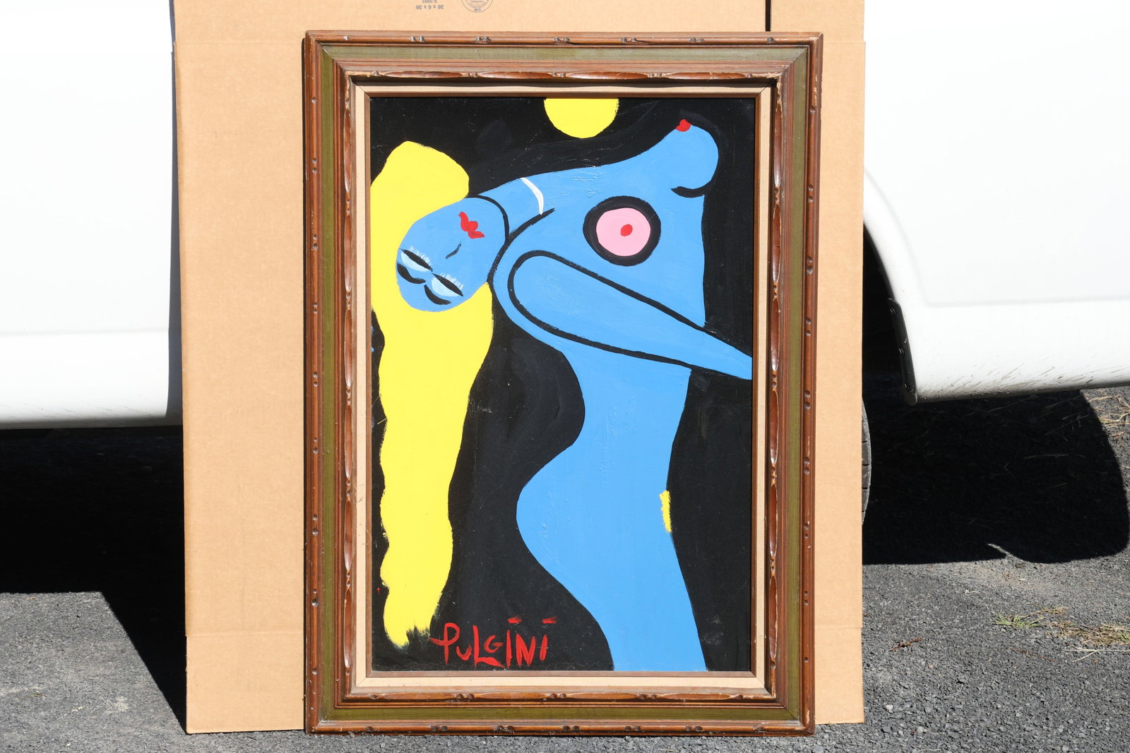 Thomas Pulgini Blue Figure with Yellow Hair Painting: Painting by Thomas Pulgini. A stylized blue female figure with flowing yellow hair and pink circular accents against a black background. Bold black contours define the curved body, with a yellow disk 