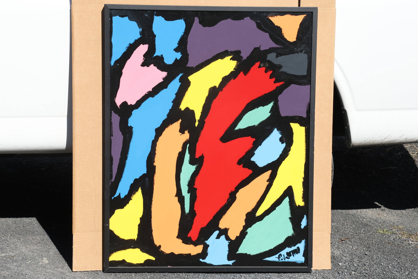 Thomas Pulgini Multicolor Angular Abstraction Painting: Painting by Thomas Pulgini. Irregular fields of red, yellow, blue, pink, purple, and green are separated by thick black outlines. Jagged contours create a lively, interlocking arrangement across the v