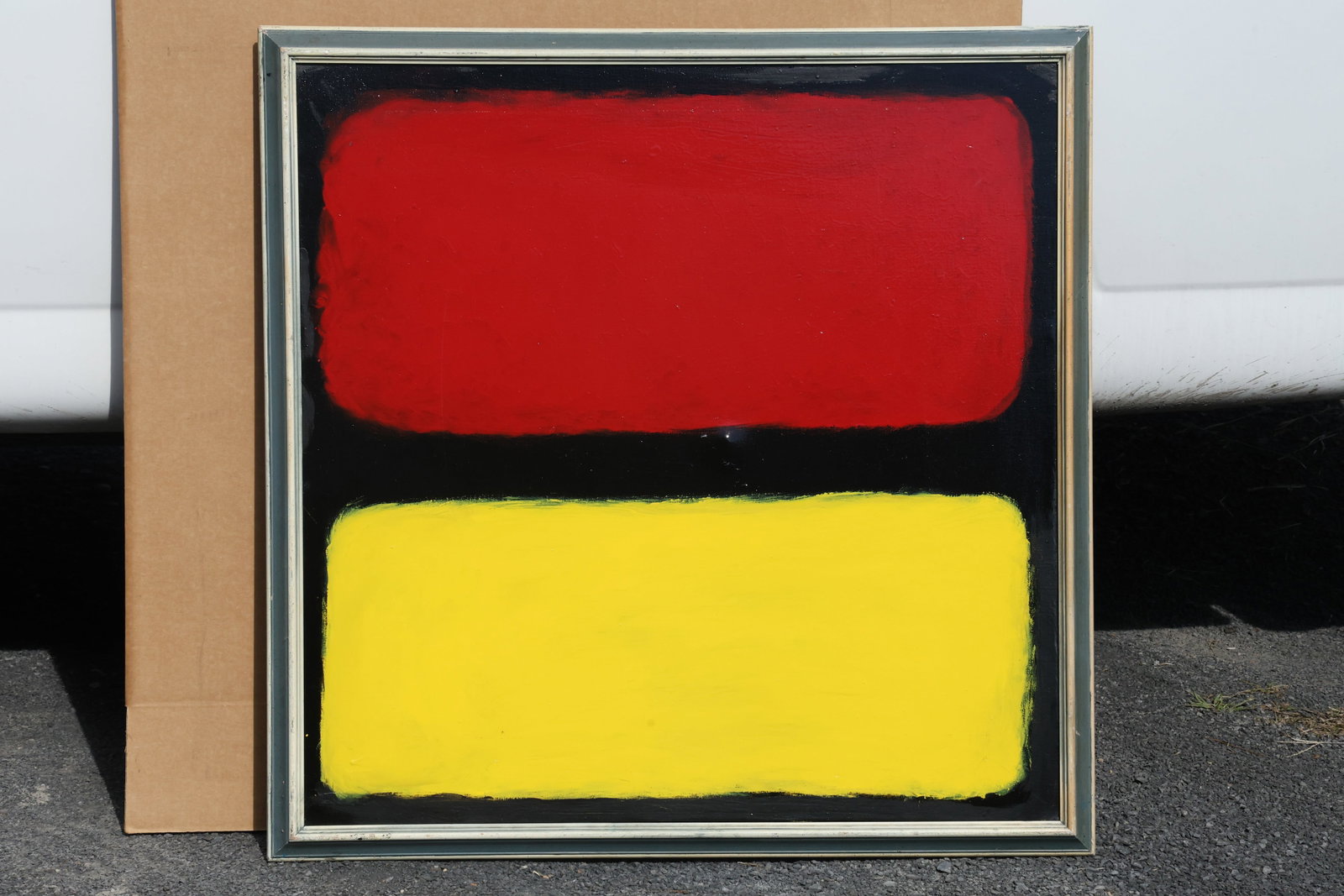 Thomas Pulgini Red and Yellow Color-Field Abstract Painting: Painting by Thomas Pulgini. Two large, softly edged horizontal fields of red and yellow are stacked against a black ground. The spare composition emphasizes the contrast between the saturated colors a