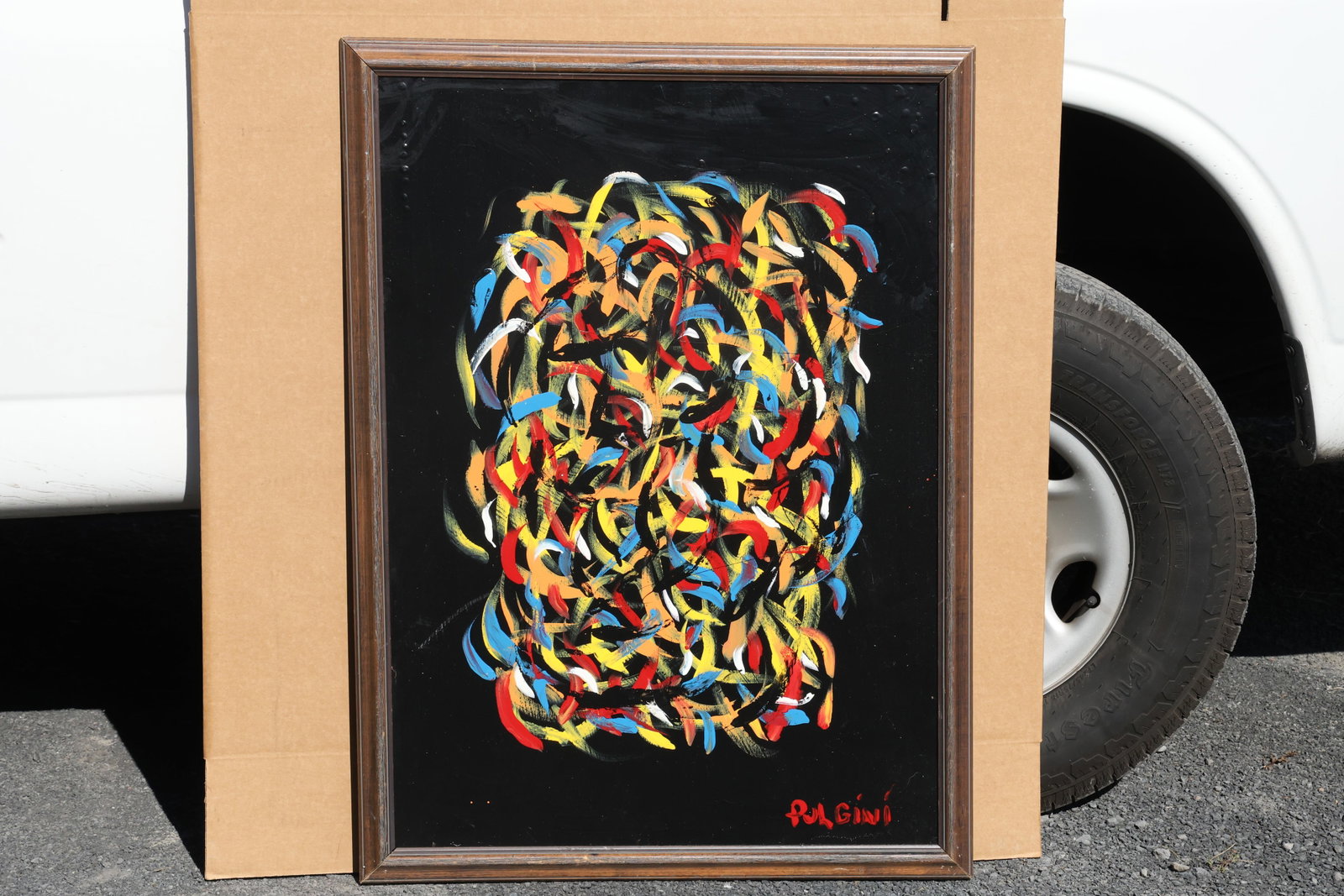 Thomas Pulgini Multicolor Loops on Black Painting: Painting by Thomas Pulgini. A dense cluster of short, looping strokes in red, yellow, blue, white, and orange floats against a black ground. The surrounding dark space sets off the tangled central pat