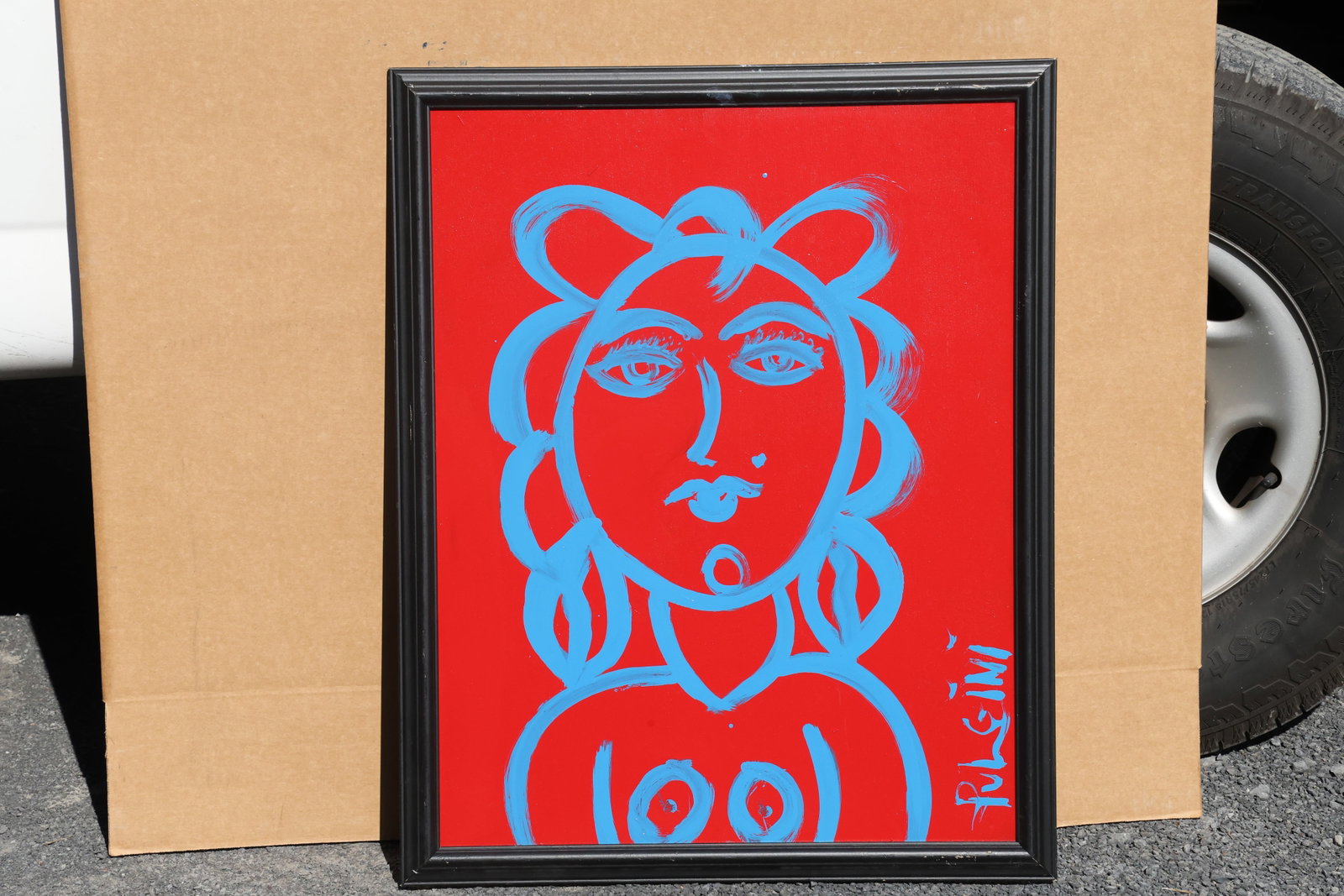 Thomas Pulgini Blue Line Portrait on Red Painting: Painting by Thomas Pulgini. A blue linear portrait of a woman with large looping curls and circular chest motifs against a vivid red background. The face and upper body are described with continuous, 