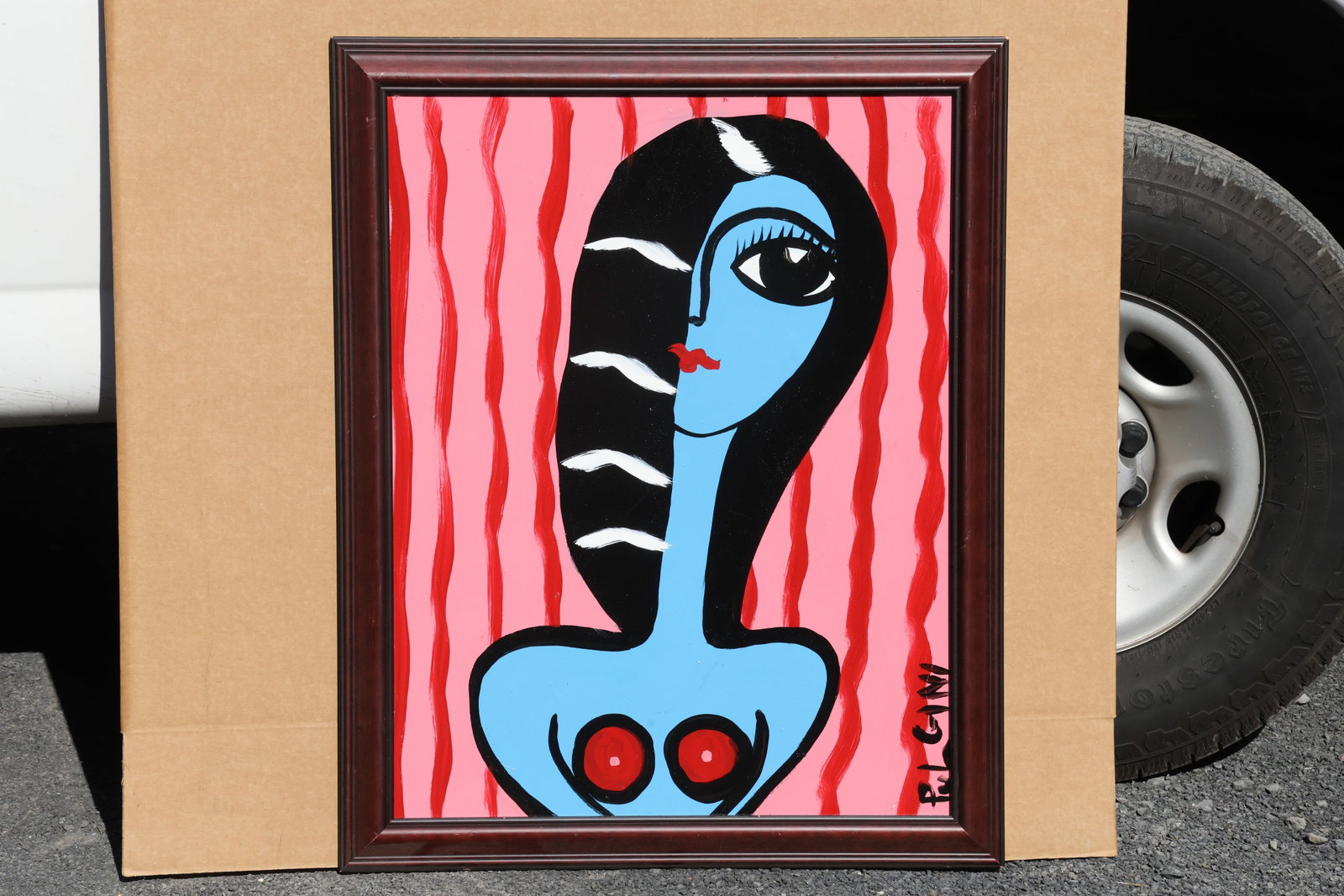 Thomas Pulgini Blue Figure on Pink Stripes Painting: Painting by Thomas Pulgini. An elongated blue female figure with one prominent eye and long black hair marked by white bands. Red circular accents contrast with the pink background and its vertical re