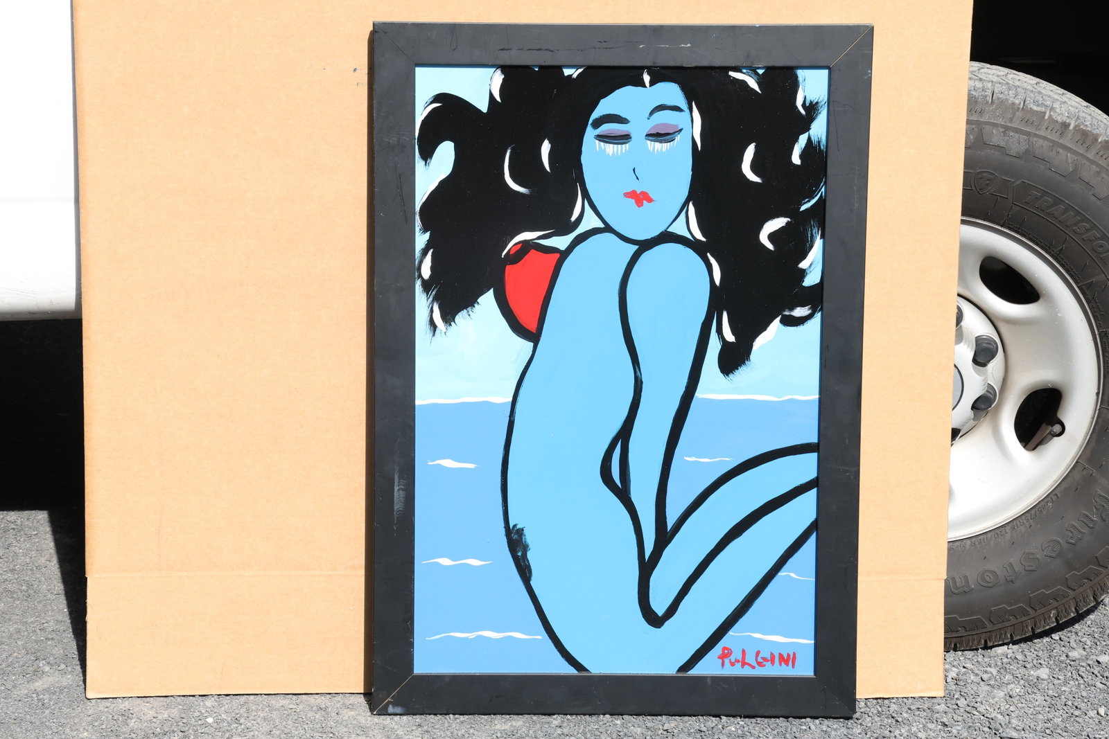 Thomas Pulgini Seated Blue Figure with Black Hair Painting: Painting by Thomas Pulgini. A seated blue female figure with long black hair, closed eyes, and a red shoulder accent. Curving black lines define the folded limbs against a pale blue background with sm