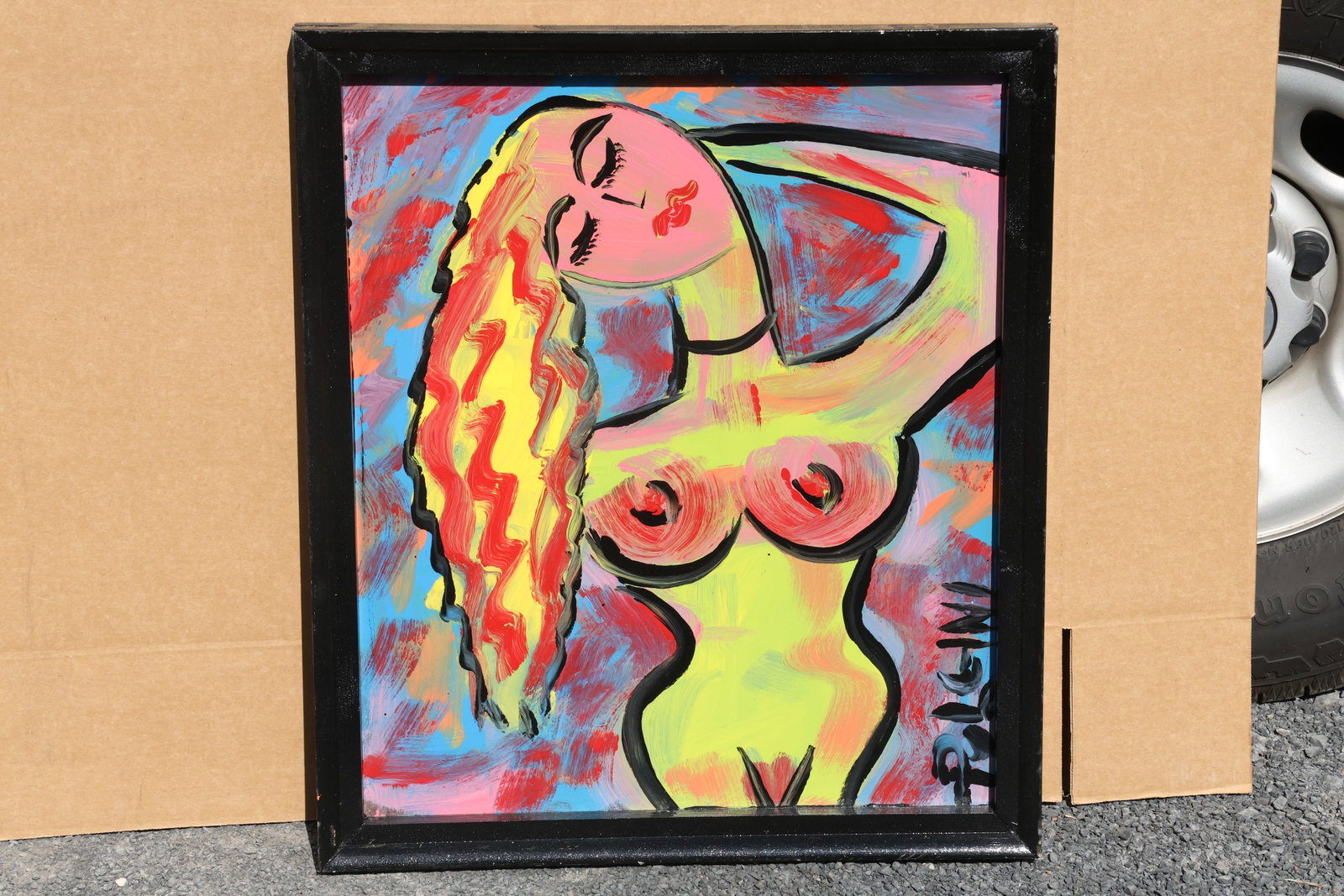 Thomas Pulgini Woman with Flowing Yellow Hair Painting: Painting by Thomas Pulgini. A stylized female nude with long yellow-and-red hair and one arm lifted behind her head. Lime, pink, and orange passages model the figure against an energetic blue and mult