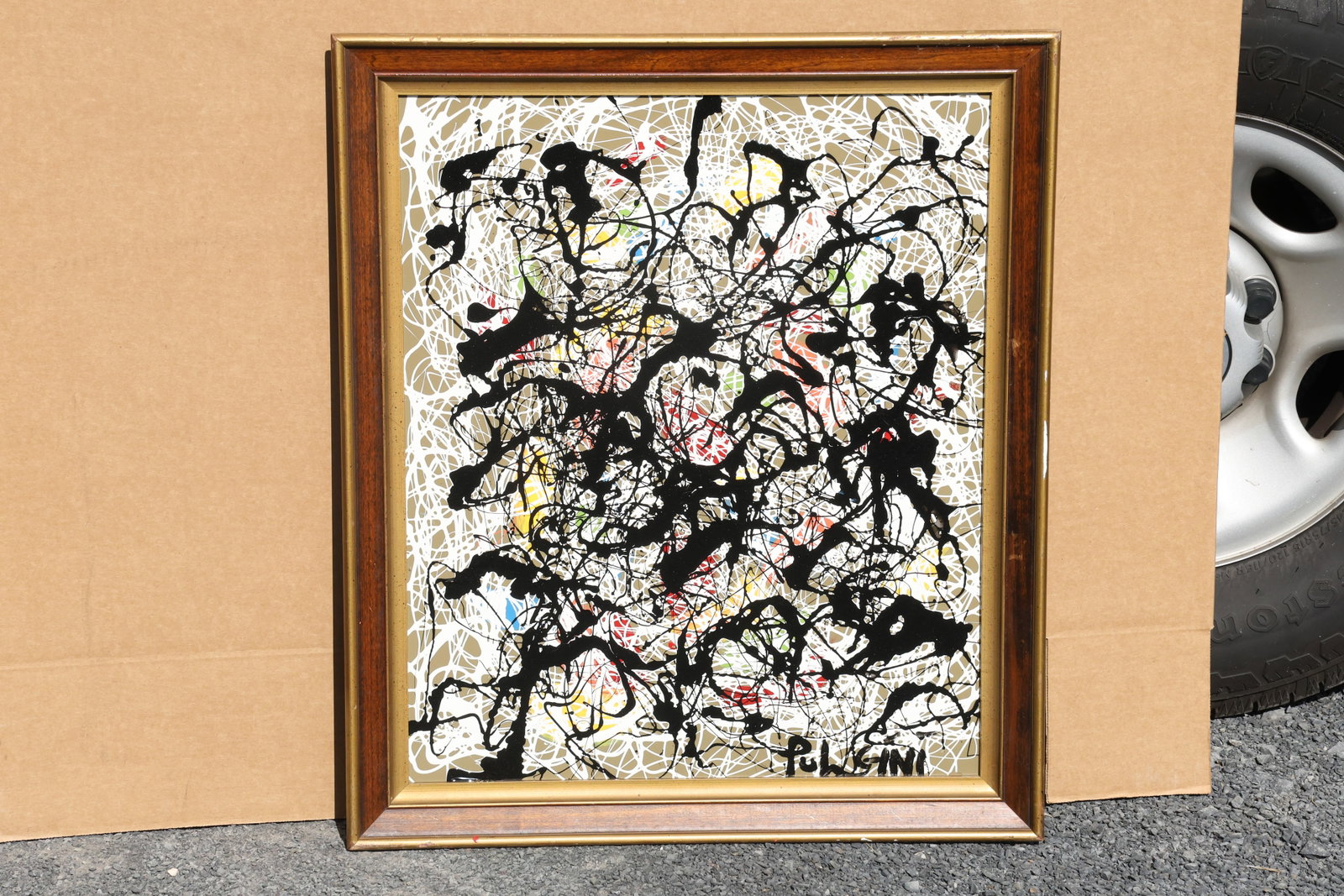 Thomas Pulgini Black Drip Abstract on Pale Ground Painting: Painting by Thomas Pulgini. Looping black lines and pooled marks spread across a pale ground with finer white, pink, and colored traces. The layered drips create an open, web-like composition. Signed 