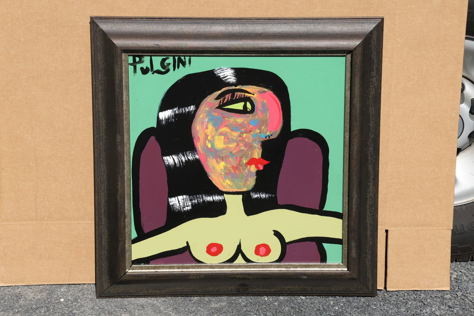 Thomas Pulgini Seated Portrait on Green Painting: Painting by Thomas Pulgini. A stylized figure seated in a purple-backed chair against a mint-green ground. The face is built from lively multicolor strokes, framed by rounded black hair with white hig