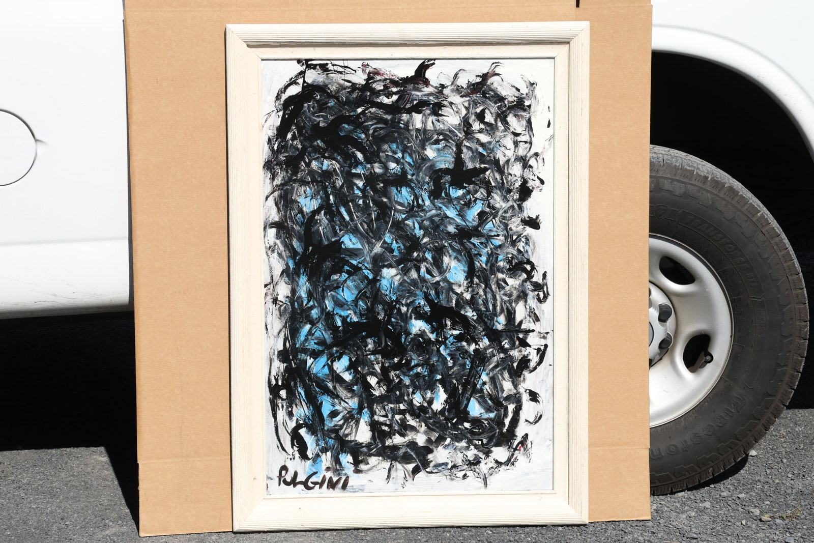 Thomas Pulgini Black and Blue Gesture Abstract Painting: Painting by Thomas Pulgini. Dense black and white brushwork surrounds scattered bright blue passages. Overlapping loops and broken strokes create a vertically oriented, highly active surface. Signed b