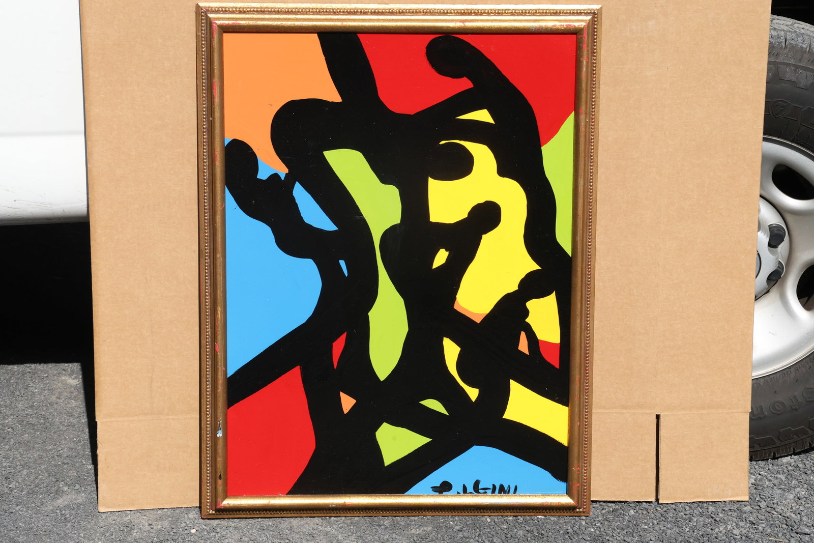Thomas Pulgini Black Curves and Bright Color Fields Painting: Painting by Thomas Pulgini. Thick black curves weave across broad red, yellow, blue, green, and orange areas. The rounded lines divide the bright ground into an arrangement of irregular shapes. Signed