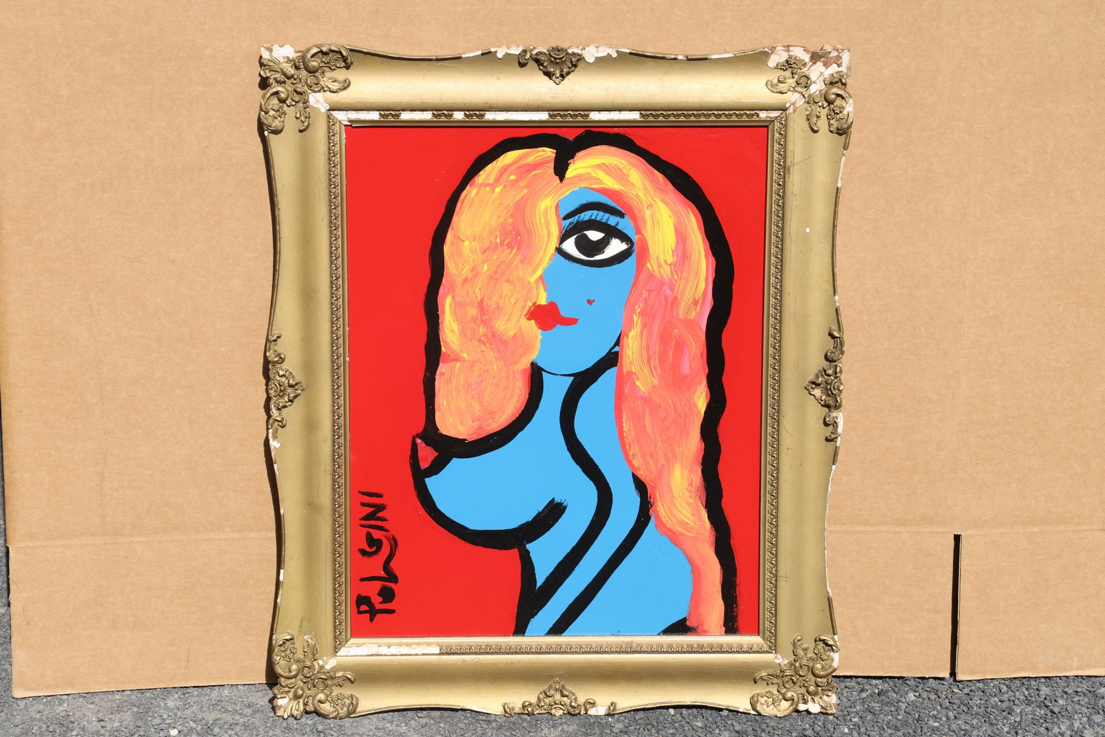 Thomas Pulgini Blue Portrait with Orange Hair Painting: Painting by Thomas Pulgini. A blue female figure with one prominent eye and long orange-pink hair that covers part of the face. The curved silhouette stands against a vivid red background. Signed by t
