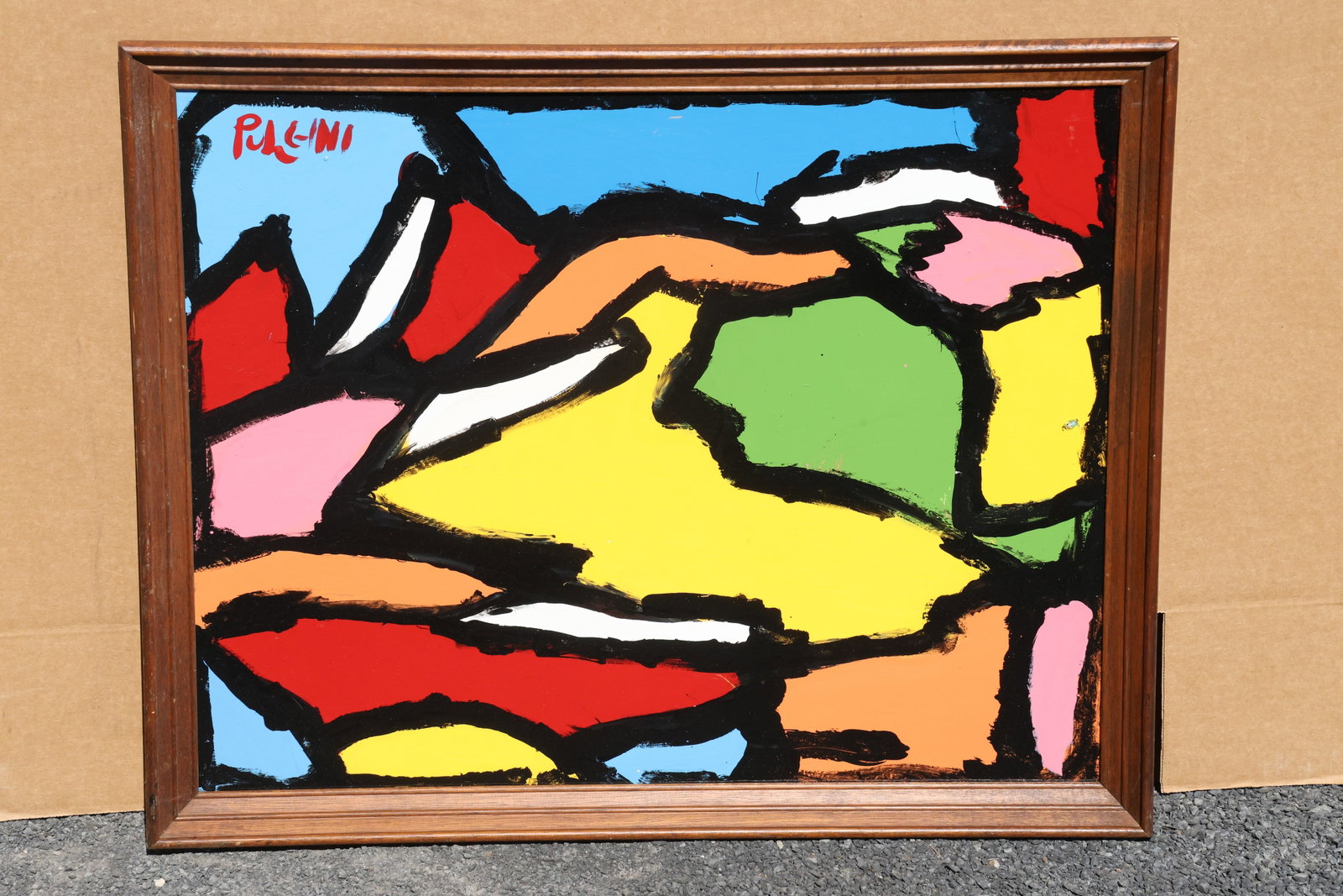 Thomas Pulgini Horizontal Multicolor Abstraction Painting: Painting by Thomas Pulgini. Broad irregular fields of yellow, red, orange, green, blue, pink, and white are divided by heavy black contours. The horizontal arrangement suggests overlapping planes with