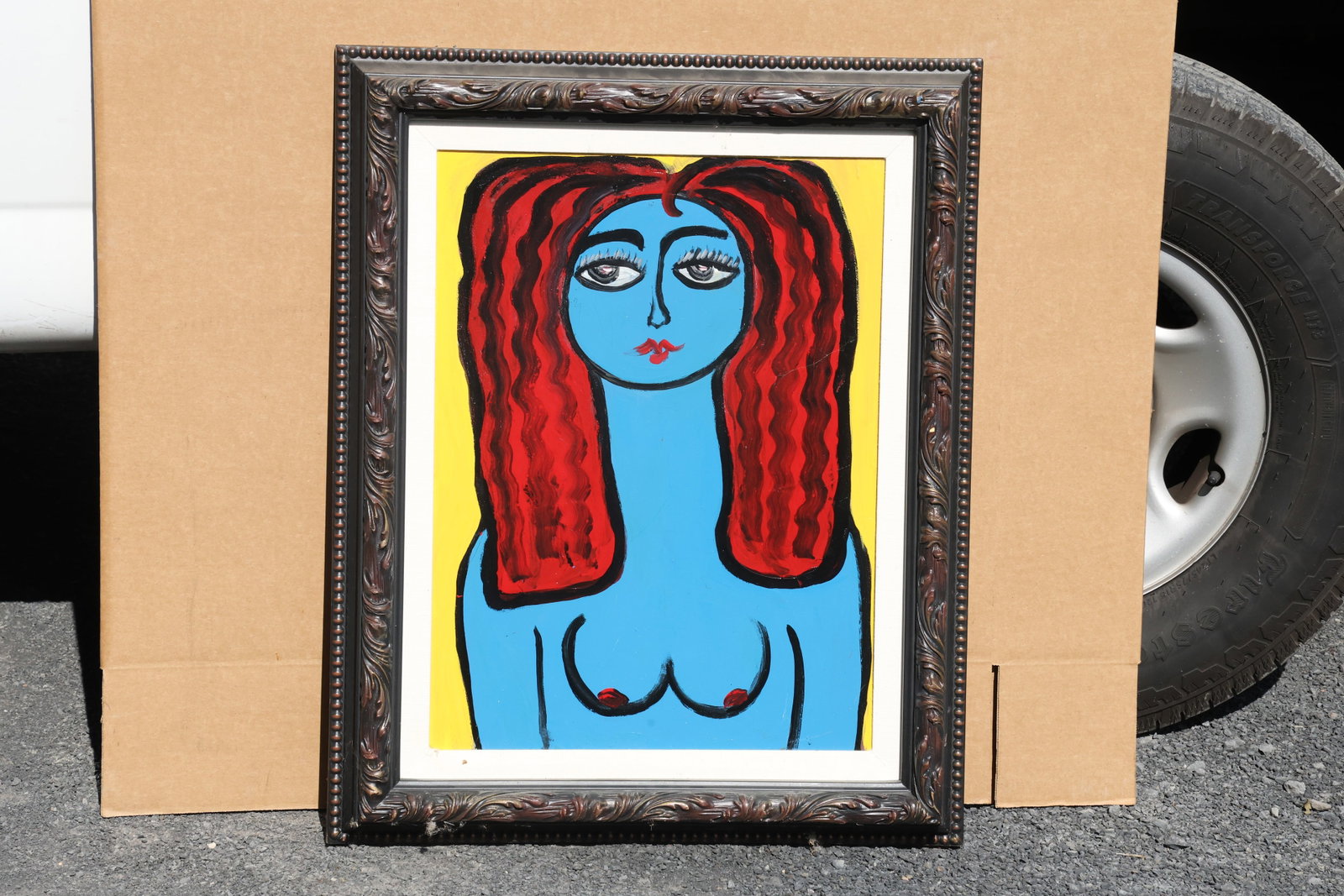 Thomas Pulgini Blue Woman with Long Red Hair Painting: Painting by Thomas Pulgini. A frontal blue female figure with large eyes and long, wavy red-and-black hair. A yellow background and heavy dark contours emphasize the simplified portrait. Bears the art