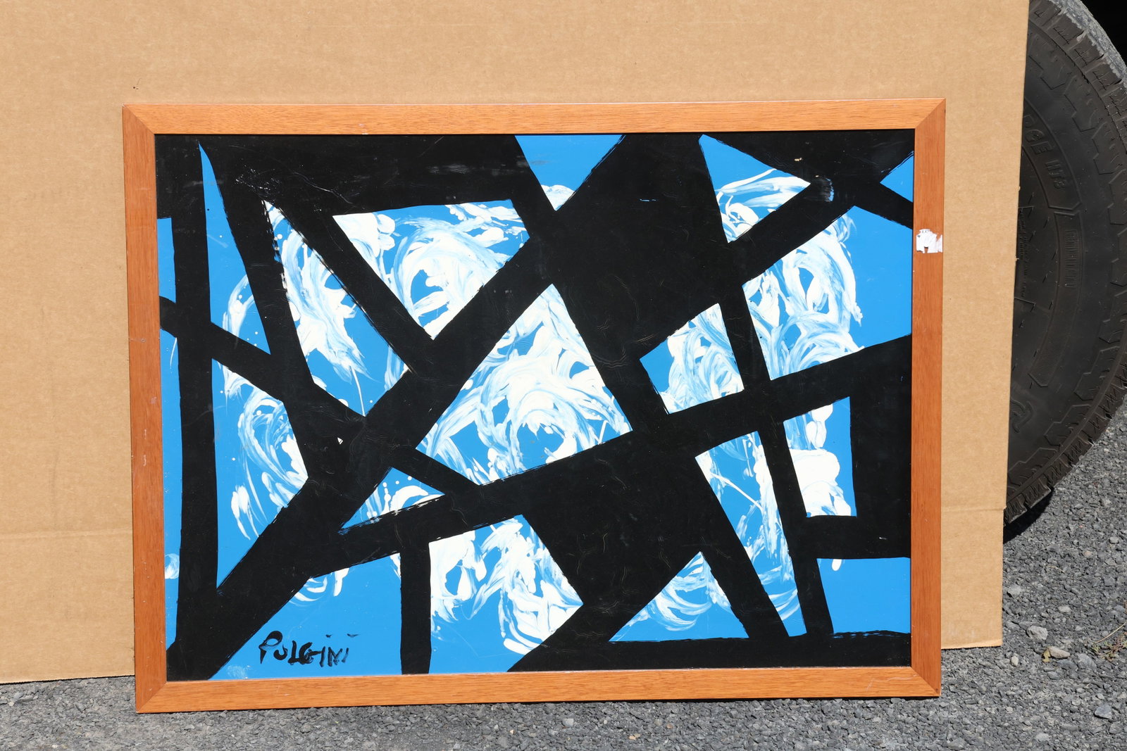 Thomas Pulgini Black Angular Lines on Blue and White Painting: Painting by Thomas Pulgini. Broad black diagonal and crossing bands divide a blue ground into irregular sections. Loose white strokes within the spaces contrast with the solid dark framework. Signed b
