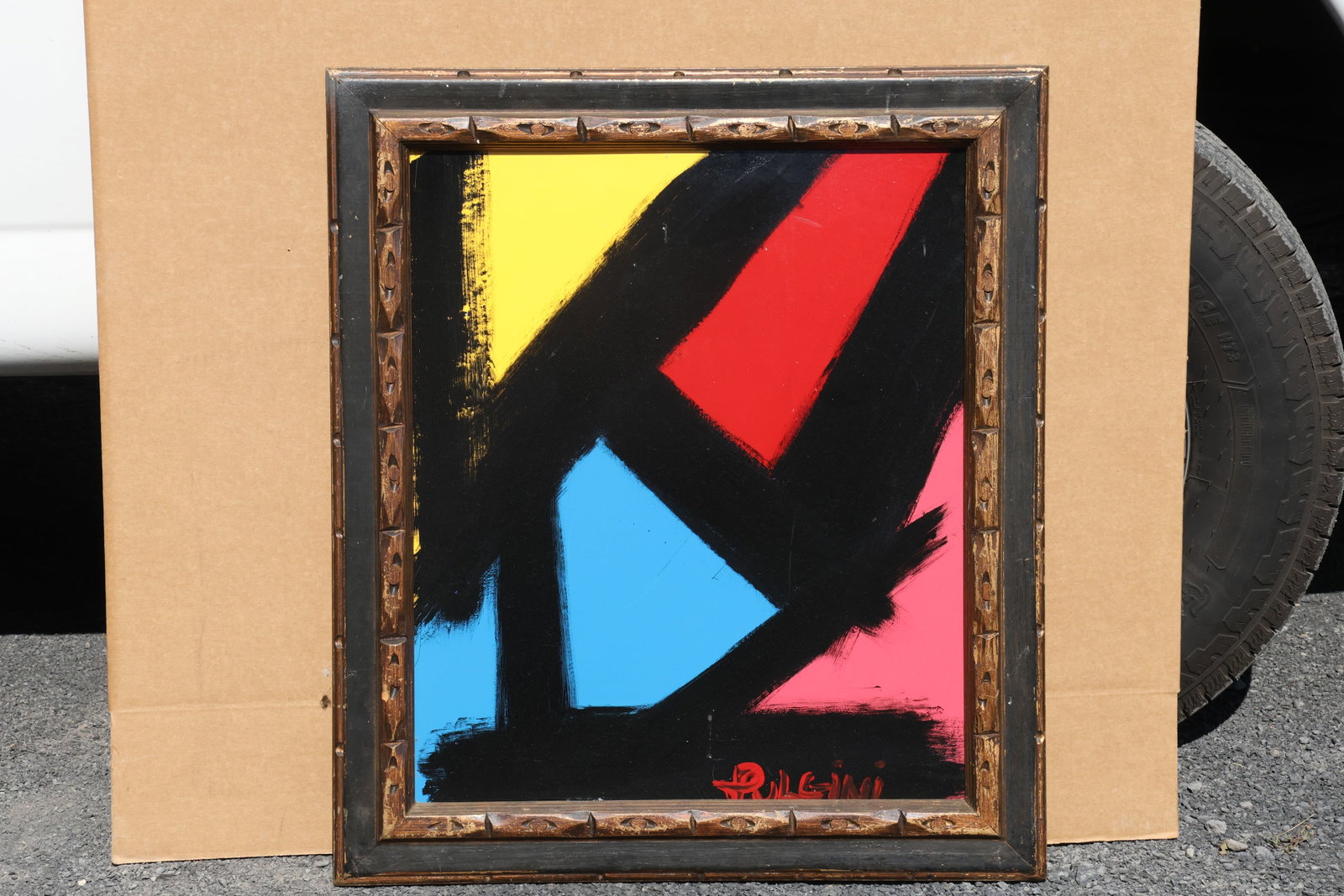 Thomas Pulgini Black Diagonals with Primary Colors Painting: Painting by Thomas Pulgini. Broad, rough-edged black strokes cross fields of yellow, red, blue, and pink. The strong diagonals produce a compact, forceful abstract arrangement. Signed by the artist. F