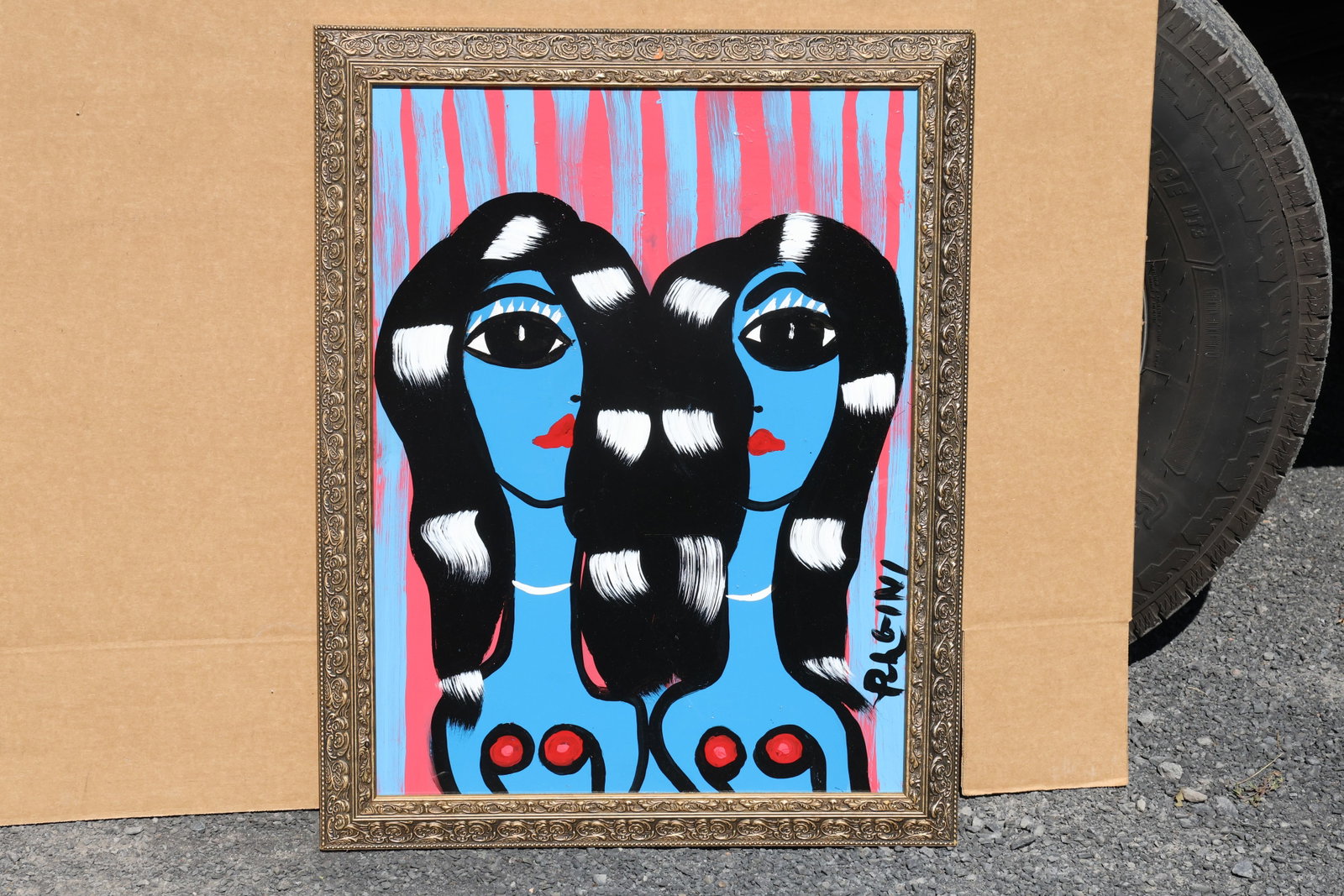 Thomas Pulgini Two Blue Figures on Stripes Painting: Painting by Thomas Pulgini. Two closely paired blue female figures with oversized eyes and long black hair marked by white bands. Pink and blue vertical stripes form the background, with red circular 