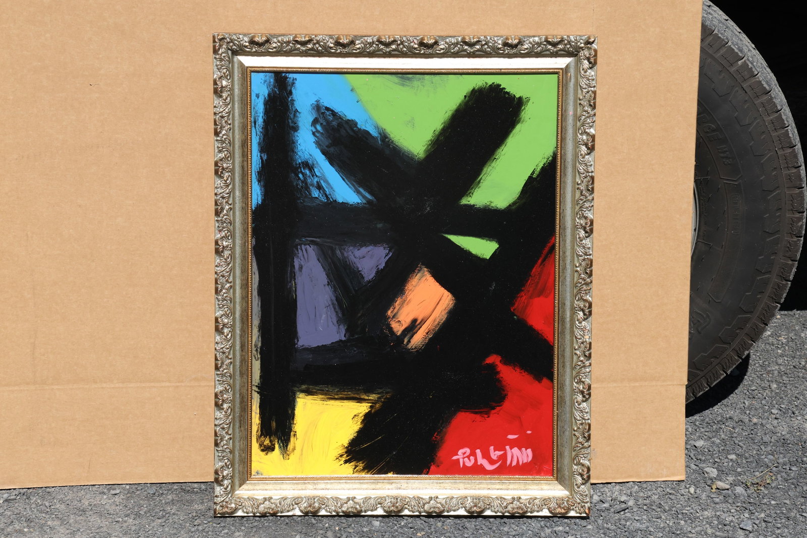 Thomas Pulgini Black Gesture with Multicolor Corners Painting: Painting by Thomas Pulgini. Heavy crossing black strokes cover portions of blue, green, purple, red, and yellow fields. A small peach-colored passage near the center adds a contrasting accent. Signed 