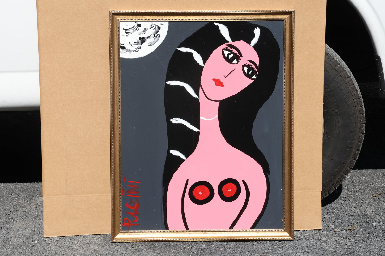 Thomas Pulgini Pink Figure beneath a Moon Painting: Painting by Thomas Pulgini. A pink female figure with a tilted head, large eyes, and long black hair marked with white bands. A pale moon appears in the upper corner of the dark gray background. Signe