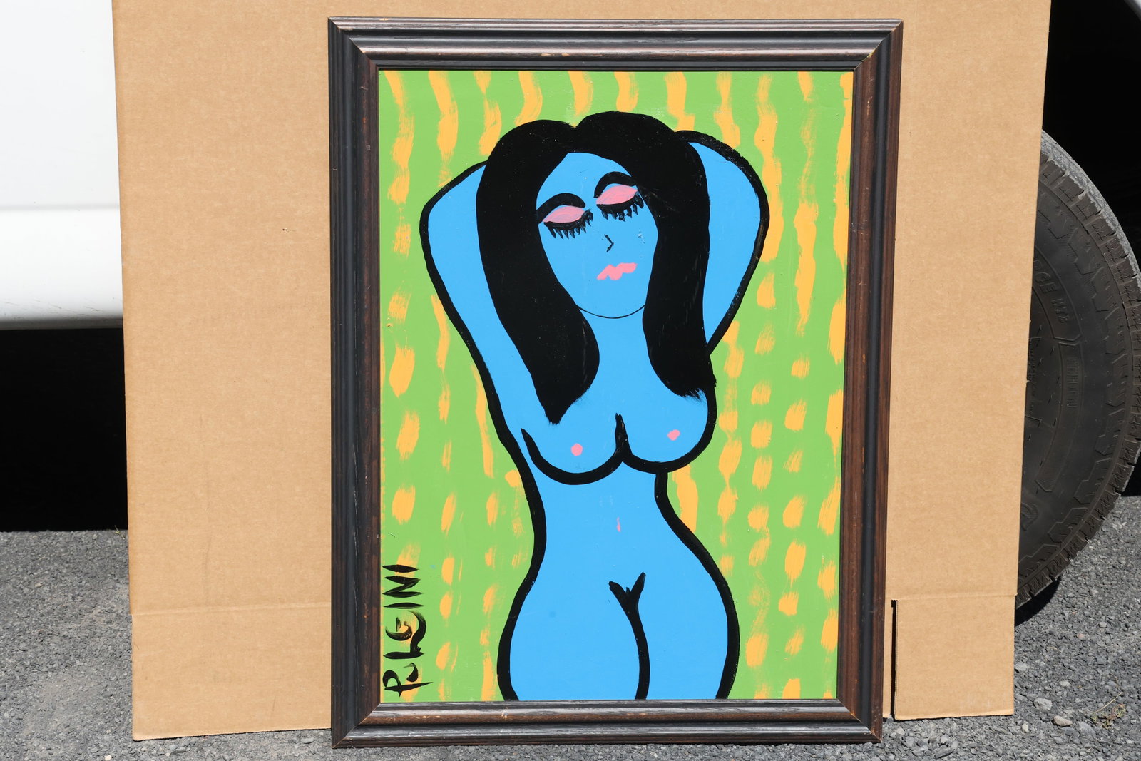 Thomas Pulgini Blue Figure with Raised Arms Painting: Painting by Thomas Pulgini. A blue female nude poses with both arms raised behind her head, framed by long black hair. Yellow-orange marks pattern the light green background. Signed by the artist. Fra
