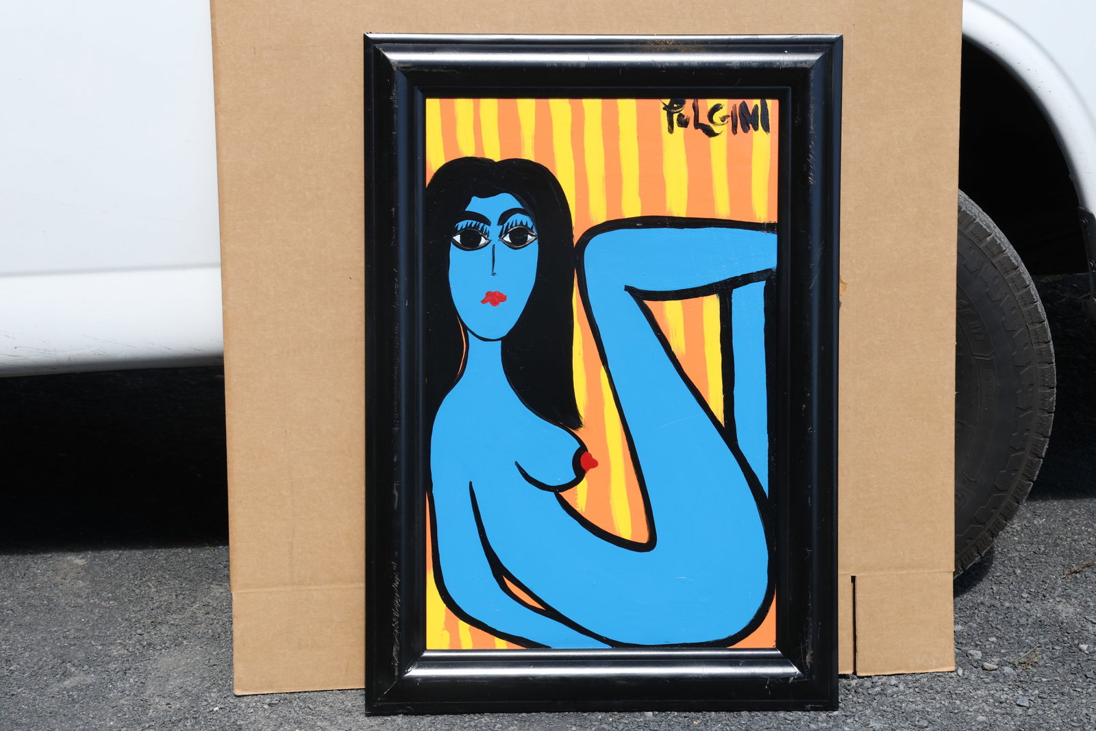 Thomas Pulgini Seated Blue Nude on Yellow Stripes Painting: Painting by Thomas Pulgini. A seated blue female figure with long black hair and folded, raised legs. Bold black outlines define the curved pose against a yellow ground with orange vertical stripes. S