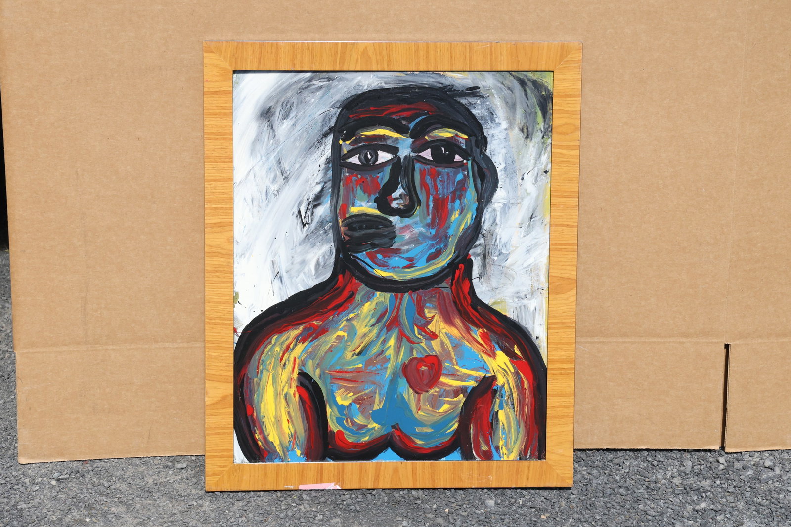 Thomas Pulgini Multicolor Male Portrait Painting: Painting by Thomas Pulgini. An expressive male bust painted with streaks of blue, red, yellow, and green. Heavy black lines define the large eyes, nose, and shoulders against a loosely brushed gray-wh