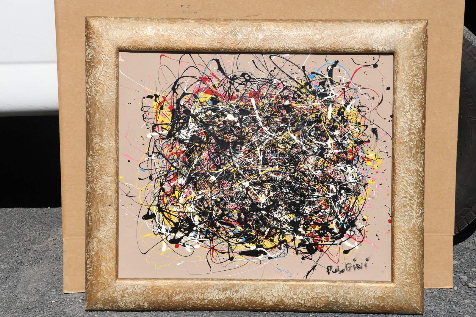 Thomas Pulgini Dense Drip Abstract on Neutral Ground Painting: Painting by Thomas Pulgini. A concentrated tangle of black lines, white trails, and small red, yellow, and blue accents occupies a pale neutral ground. Looser drips extend outward from the dense centr