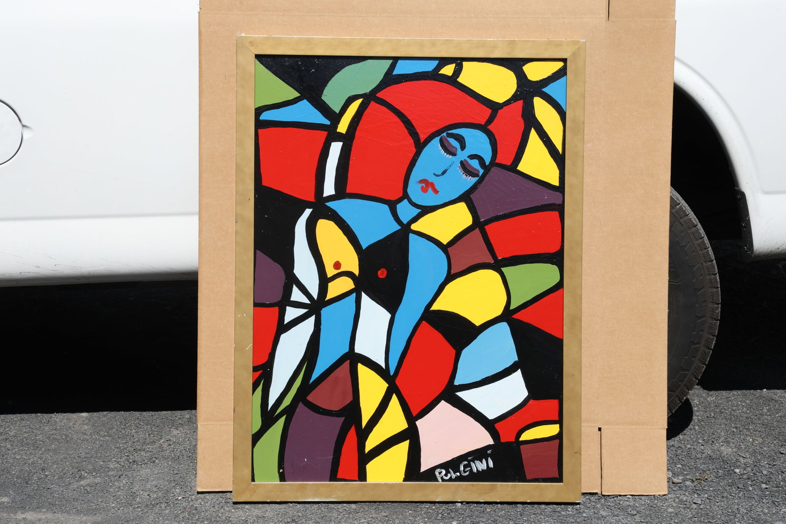 Thomas Pulgini Blue Figure in Stained-Glass-Style Colors Painting: Painting by Thomas Pulgini. A blue female figure is integrated into a network of red, yellow, green, blue, and pale geometric shapes. Thick black outlines create a stained-glass-like arrangement acros