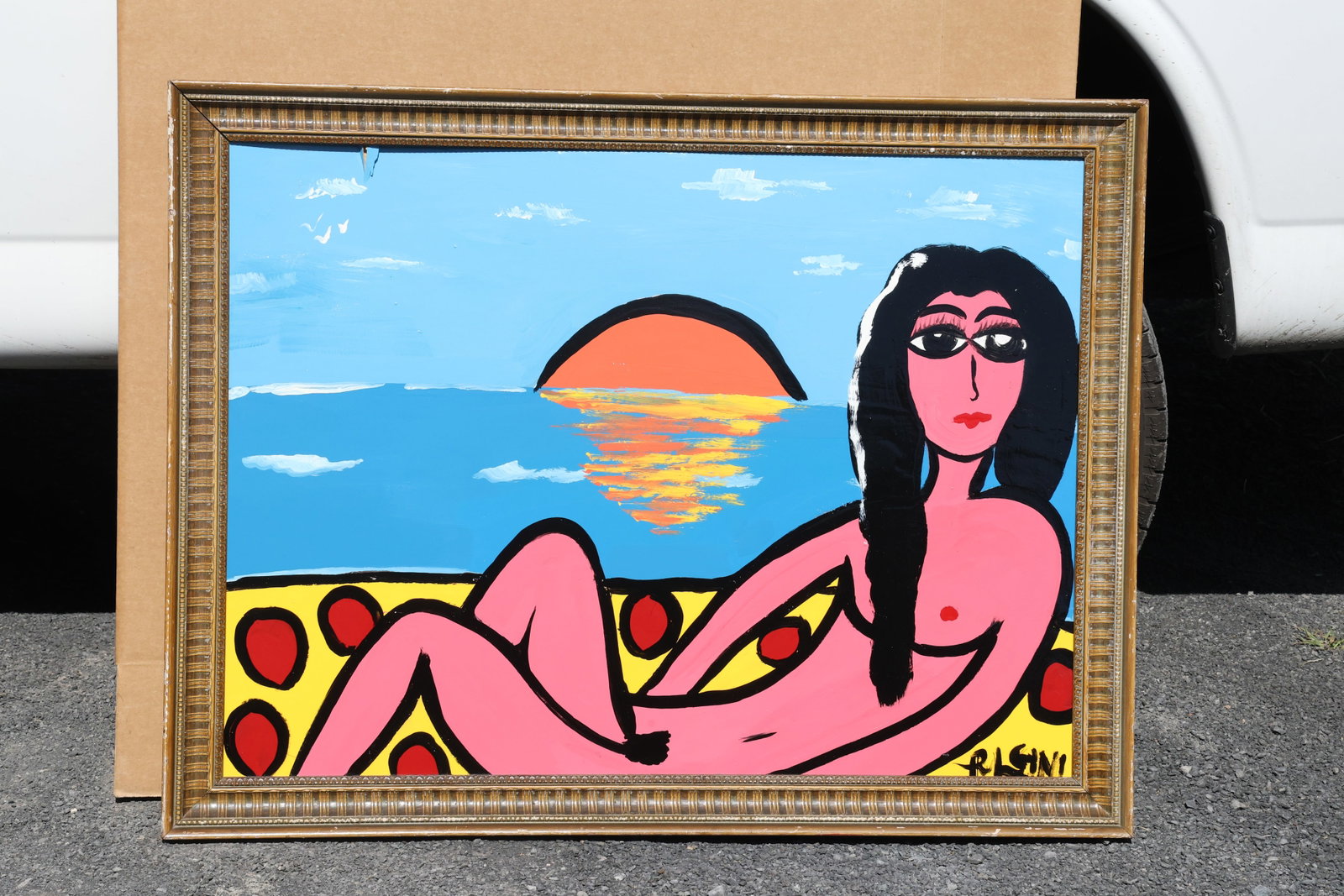 Thomas Pulgini Reclining Woman beside the Sea Painting: Painting by Thomas Pulgini. A pink reclining female figure with long black hair rests on a yellow patterned surface beside blue water. An orange sun near the horizon casts a warm reflection across the