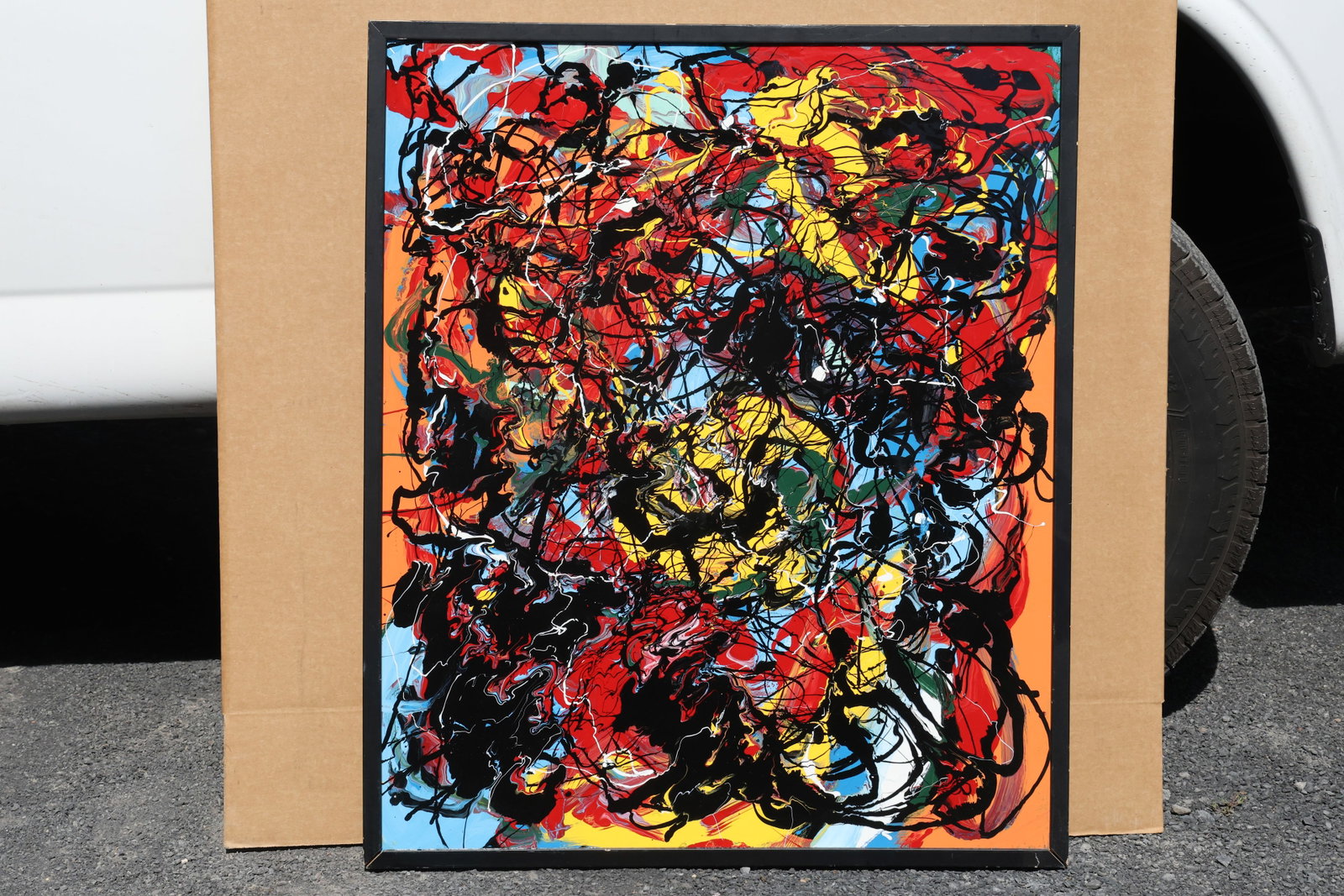 Thomas Pulgini Bright Multicolor Drip Abstract Painting: Painting by Thomas Pulgini. Black looping lines and drips sweep across a busy ground of red, yellow, blue, and pale accents. The layered marks cover nearly the entire vertical composition. Bears the a