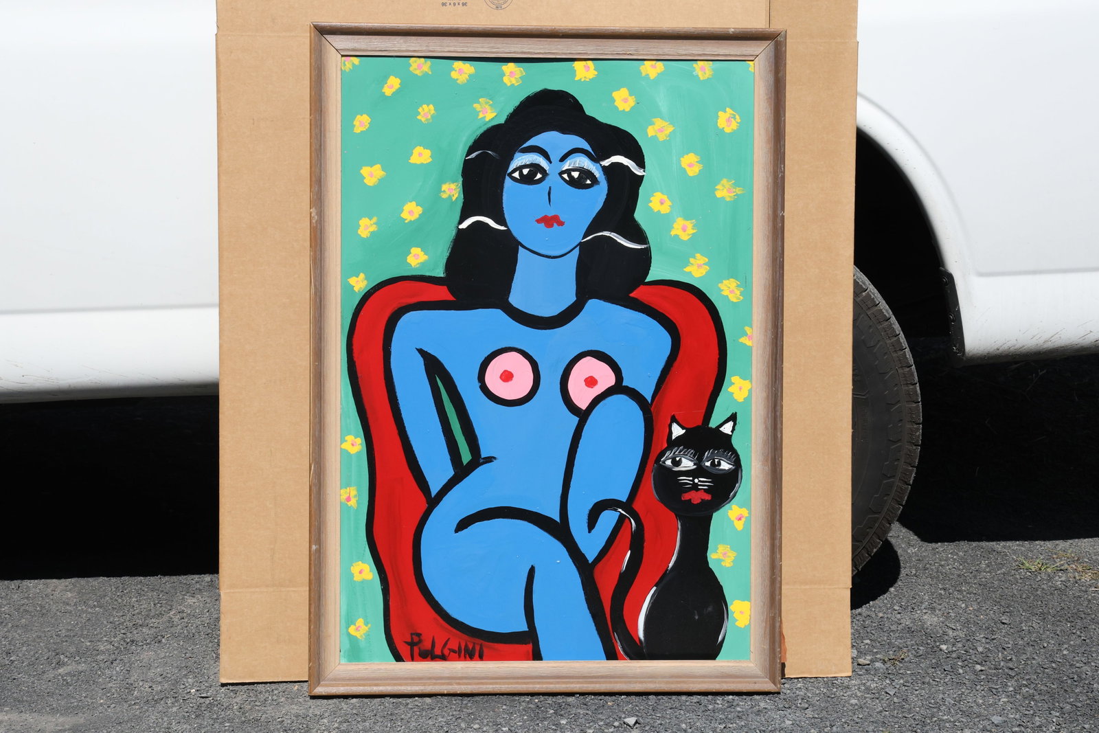 Thomas Pulgini Blue Woman with Black Cat Painting: Painting by Thomas Pulgini. A seated blue female figure in a red chair appears beside a black cat with bright eyes. Small yellow floral motifs pattern the green background. Signed by the artist. Frame