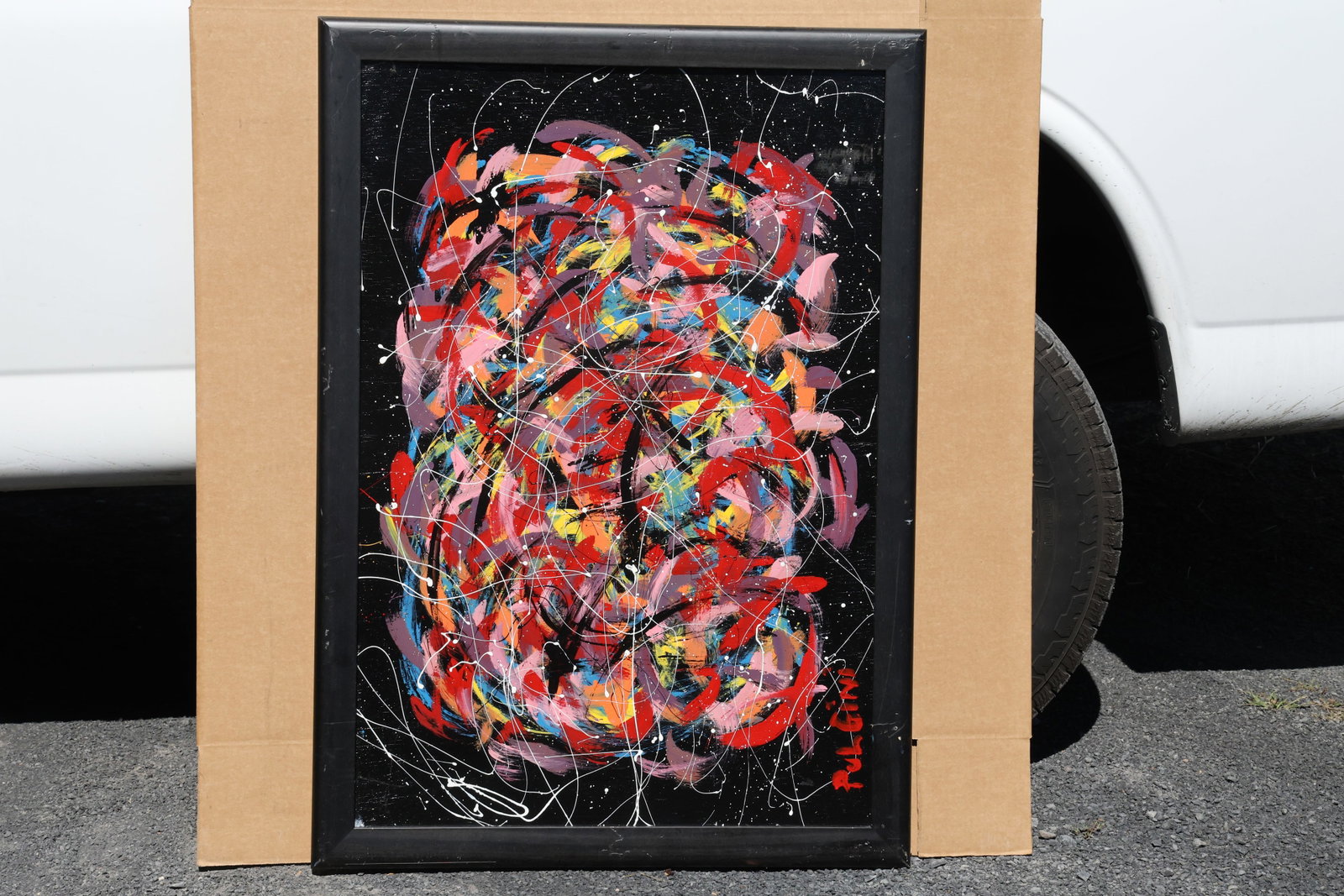 Thomas Pulgini Multicolor Loops and Fine Drips Painting: Painting by Thomas Pulgini. Broad red, pink, yellow, blue, and orange loops form a dense central cluster over black. Thin pale drips cross the surface and extend into the surrounding dark space. Signe
