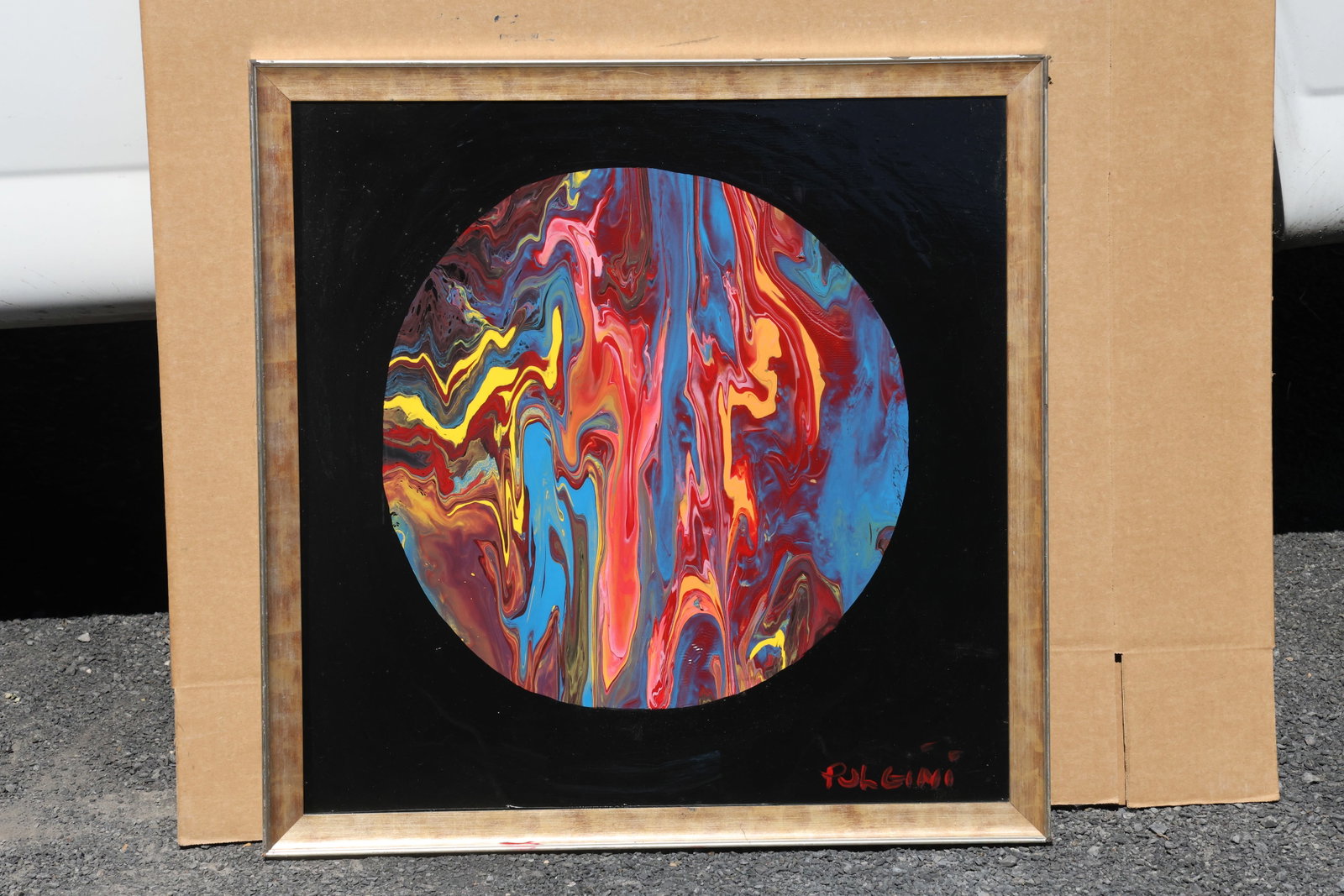 Thomas Pulgini Marbled Color Circle on Black Painting: Painting by Thomas Pulgini. A circular field of flowing red, blue, yellow, pink, and orange paint stands against a black square ground. The marbled colors form narrow waves and branching bands within 