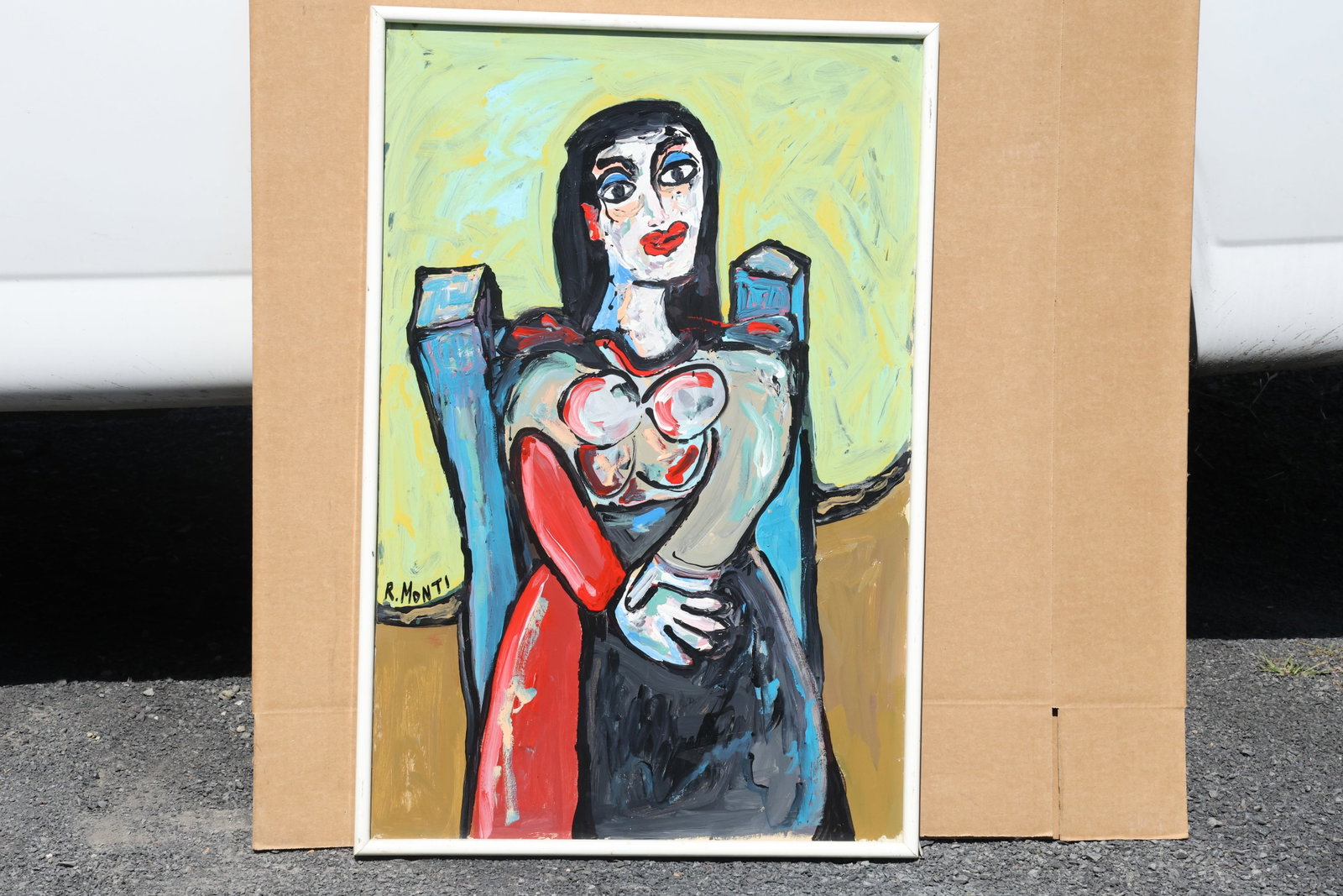 Rocco Monticolo (R. Monti) Seated Woman in a High-Back Chair Painting: Painting by Rocco Monticolo (R. Monti). An expressive portrait of a seated woman with long dark hair and hands folded in her lap. Red, blue, black, and pale strokes describe the figure and tall chair 