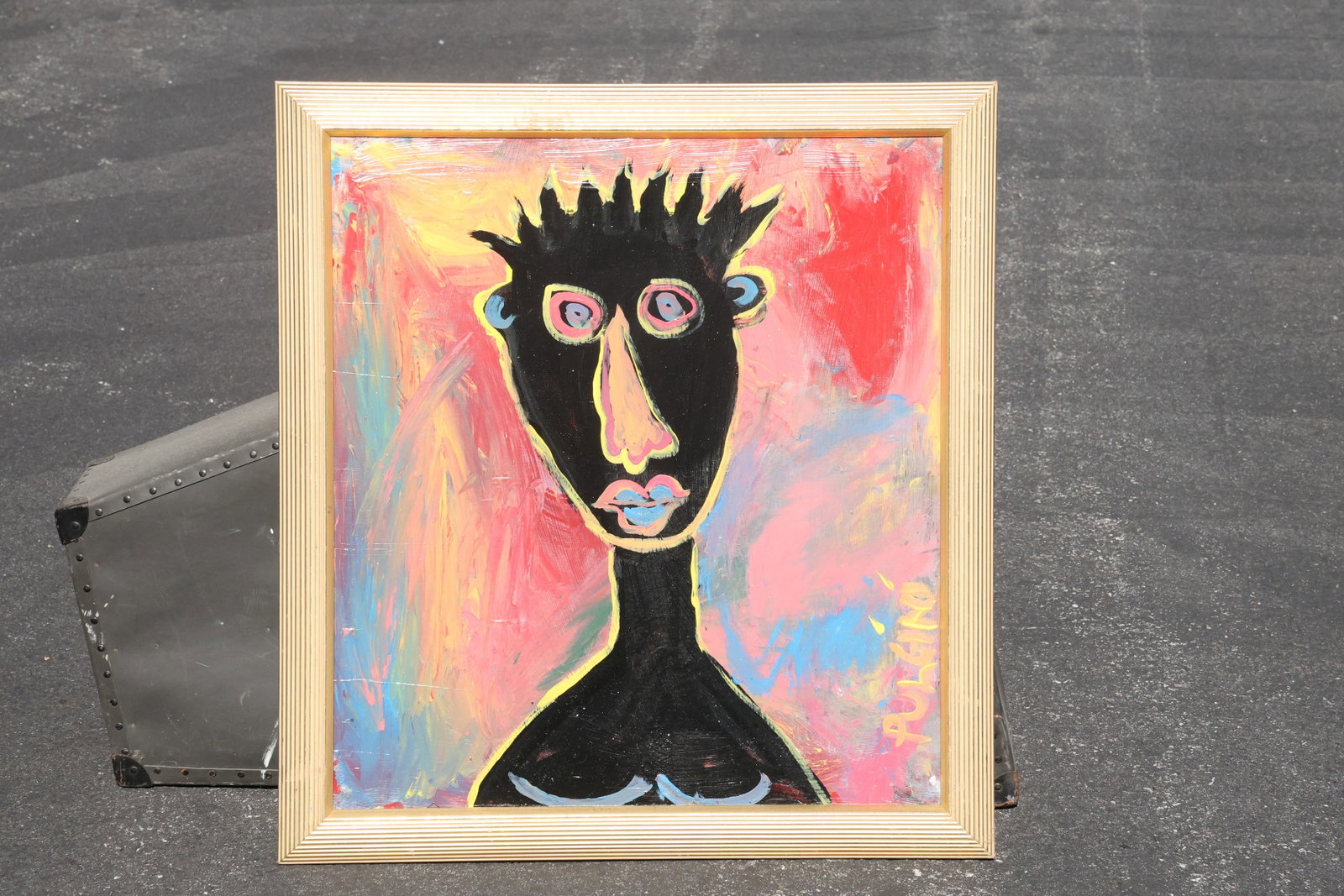 Thomas Pulgini Dark Portrait with Spiked Hair Painting: Painting by Thomas Pulgini. A stylized dark portrait with a long neck, spiked hair, and large circular eyes. Pale and multicolor facial details contrast with the loose pink, yellow, and blue backgroun