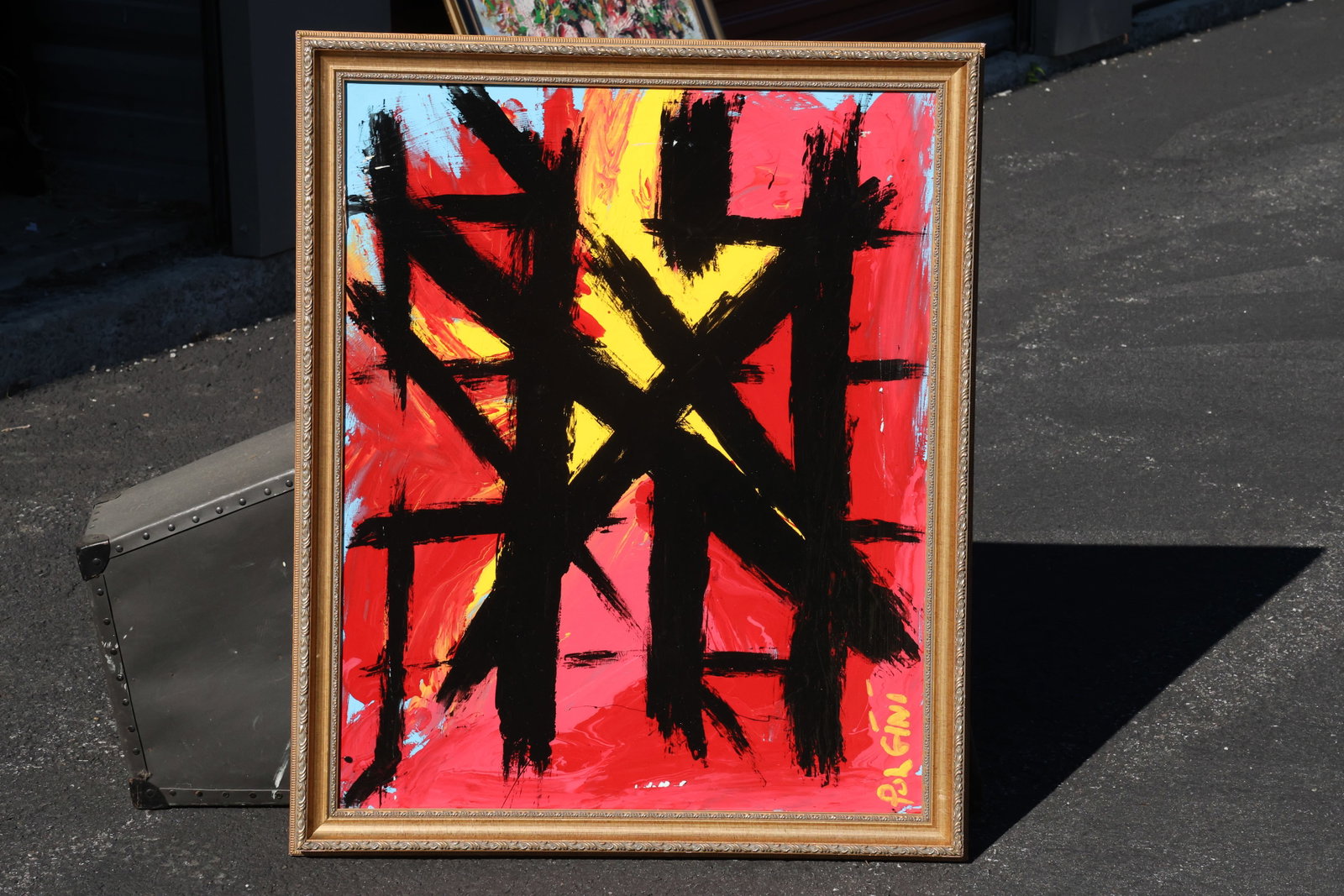 Thomas Pulgini Black Lines on Red and Yellow Painting: Painting by Thomas Pulgini. Heavy black vertical and diagonal strokes intersect over red, pink, yellow, and small blue passages. The angular marks form a strong central framework with rough, expressiv