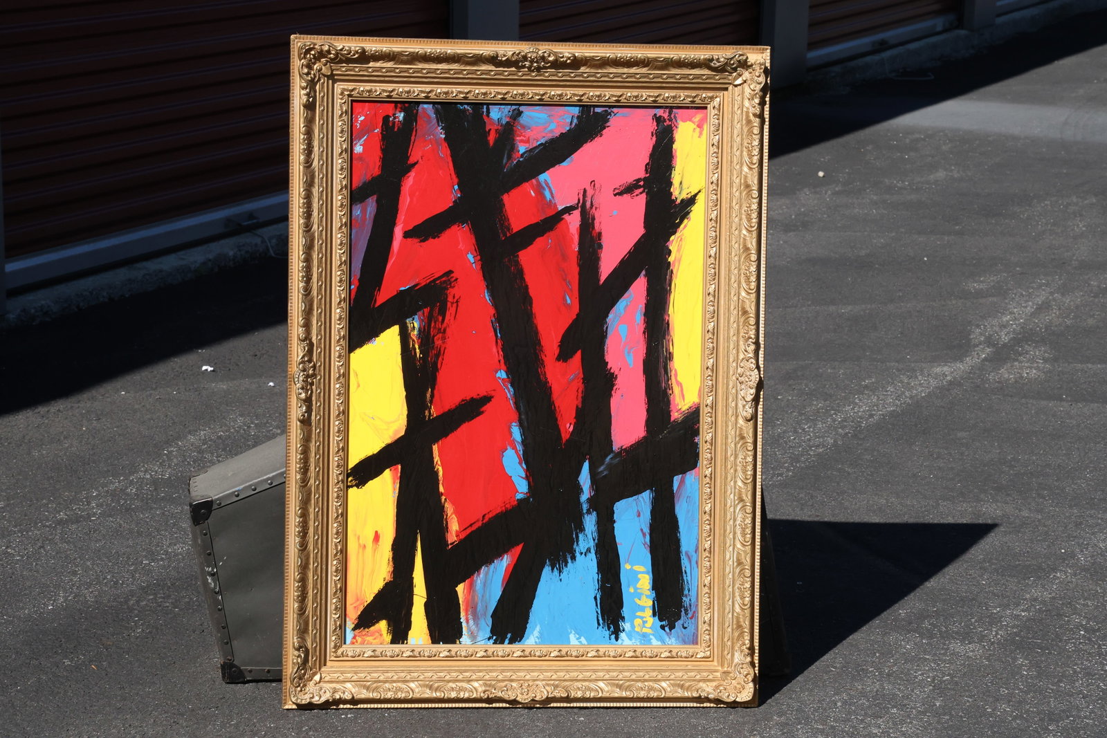 Thomas Pulgini Black Angular Strokes on Bright Colors Painting: Painting by Thomas Pulgini. Bold black bars and diagonals cross broad red, pink, blue, and yellow fields. Rough edges and overlapping strokes give the geometric arrangement a vigorous painted texture.
