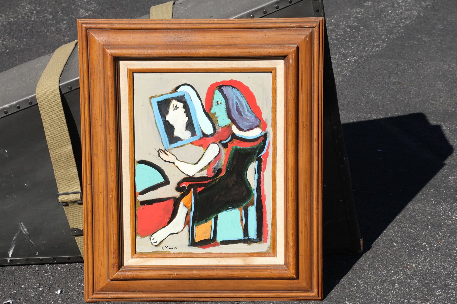 Rocco Monticolo (R. Monti) Woman Looking into a Mirror Painting: Painting by Rocco Monticolo (R. Monti). A seated woman with pale blue skin and purple hair looks into a rectangular mirror. Broad red, cream, green, and black areas define the chair, reflected profile