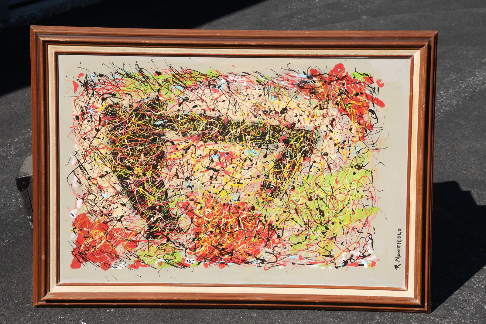 Rocco Monticolo (R. Monti) Fine Multicolor Splatter Abstract Painting: Painting by Rocco Monticolo (R. Monti). A dense web of red, black, yellow, pink, and pale paint trails spreads across a light ground. The closely layered lines form a broad horizontal mass with looser