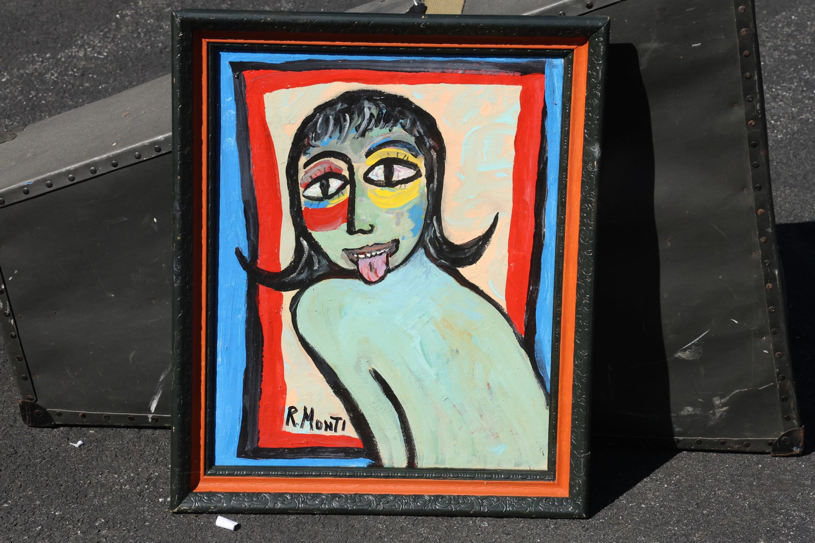 Rocco Monticolo (R. Monti) Playful Portrait with Tongue Out Painting: Painting by Rocco Monticolo (R. Monti). A stylized figure with short dark hair, large multicolor eyes, and a protruding tongue. Pale green and blue tones model the face and body within bold red, blue,
