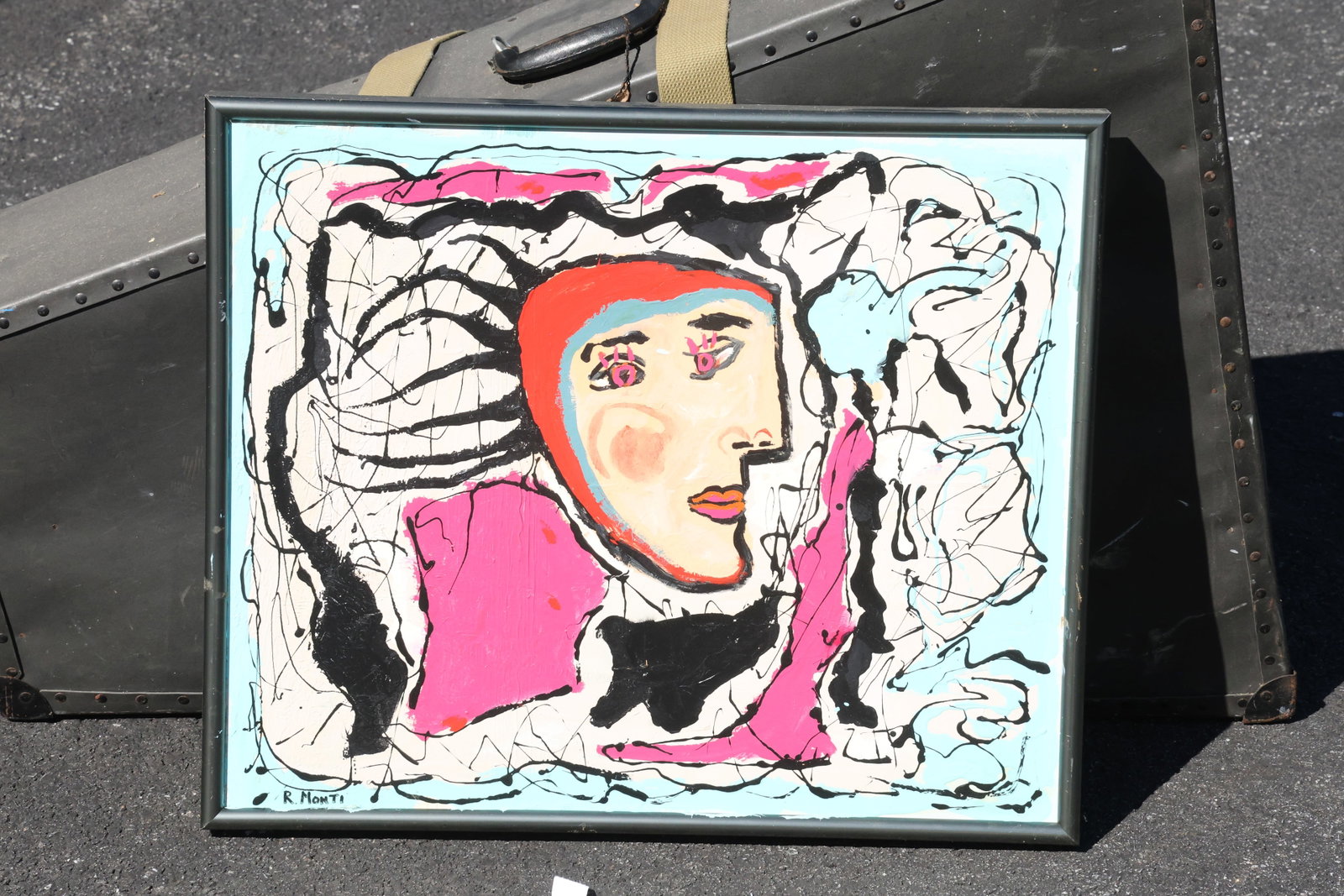 Rocco Monticolo (R. Monti) Portrait with Pink Eyes Painting: Painting by Rocco Monticolo (R. Monti). A pale face with pink patterned eyes and a red-and-blue head covering appears among loose black curves. Pink, pale blue, and white areas frame the expressive po