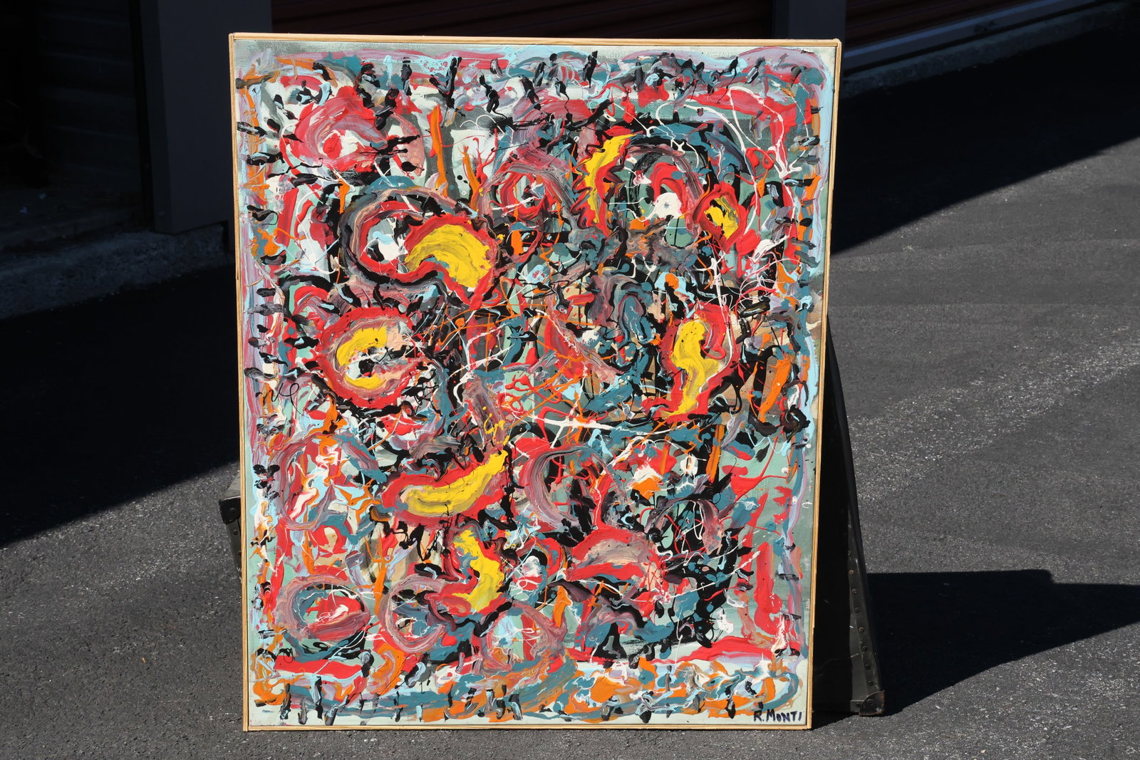 Rocco Monticolo (R. Monti) Dense Red and Green Abstraction Painting: Painting by Rocco Monticolo (R. Monti). An intricate abstract composition with red, green, black, yellow, and pale shapes layered across the surface. Curving motifs and fine dripped lines surround bri