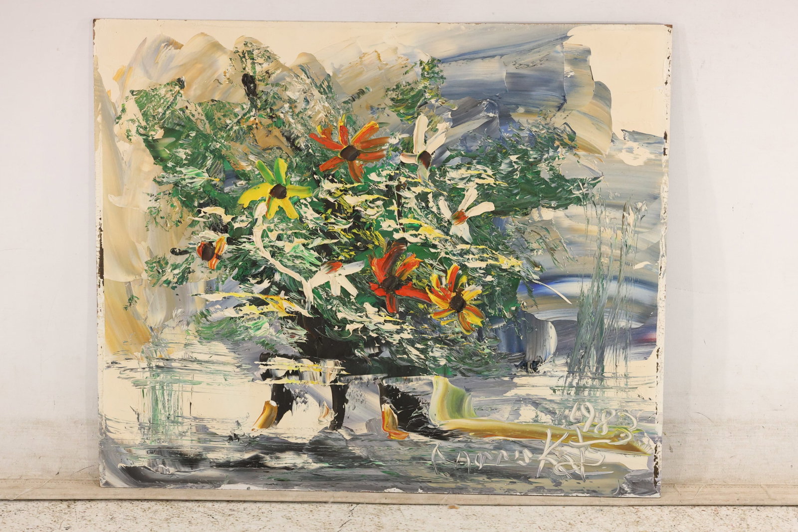 Morris Katz Floral Still Life Painting: Painting by Morris Katz depicting a spreading bouquet of orange, yellow, and white flowers with dark green foliage. Thick, sweeping paint describes the arrangement against a loosely worked blue-gray a