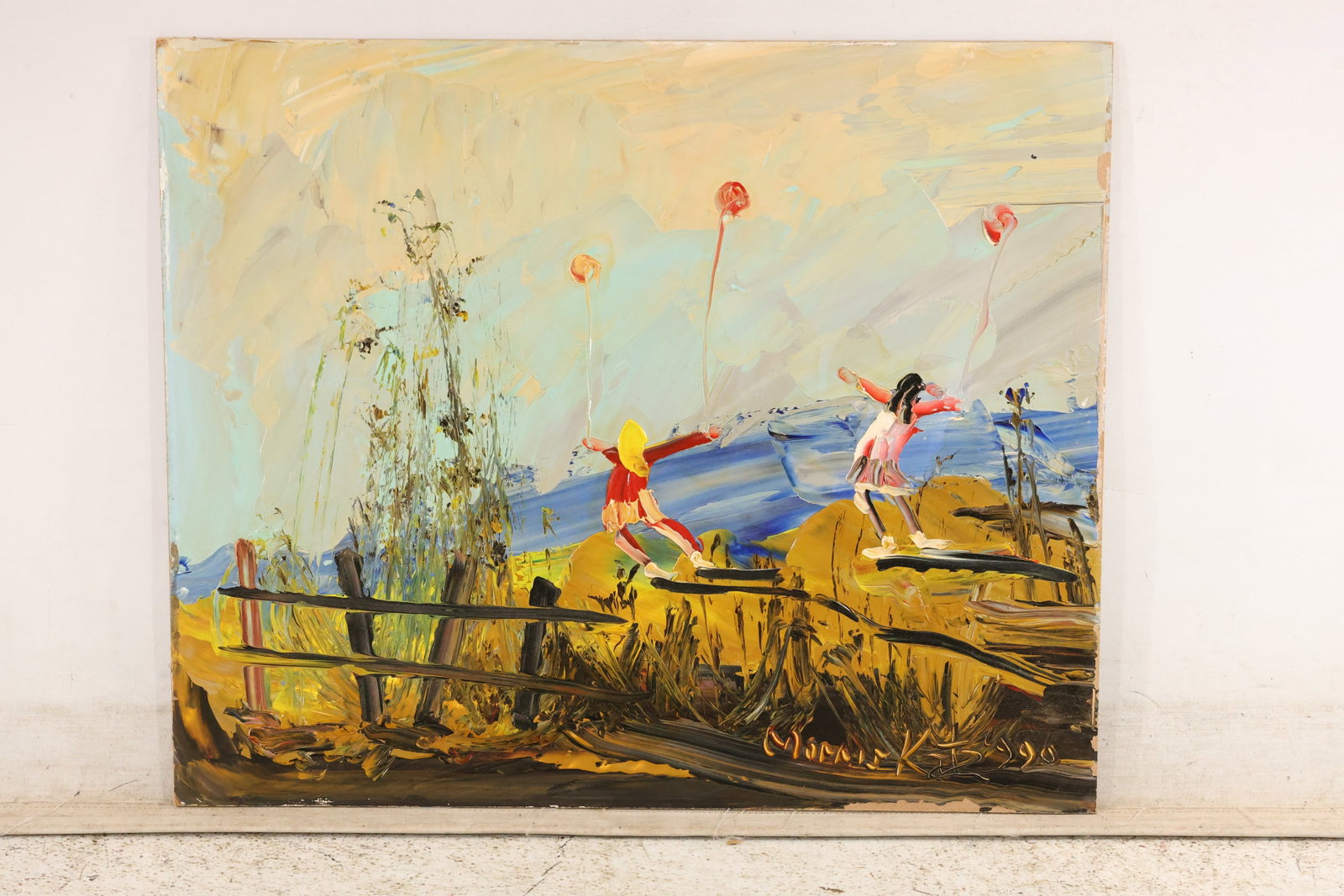 Morris Katz Girls with Balloons Painting: Painting by Morris Katz depicting two girls holding balloons beside a rustic fence, with blue water and a pale sky beyond. Bright red and pink clothing punctuates the ocher foreground, while textured 