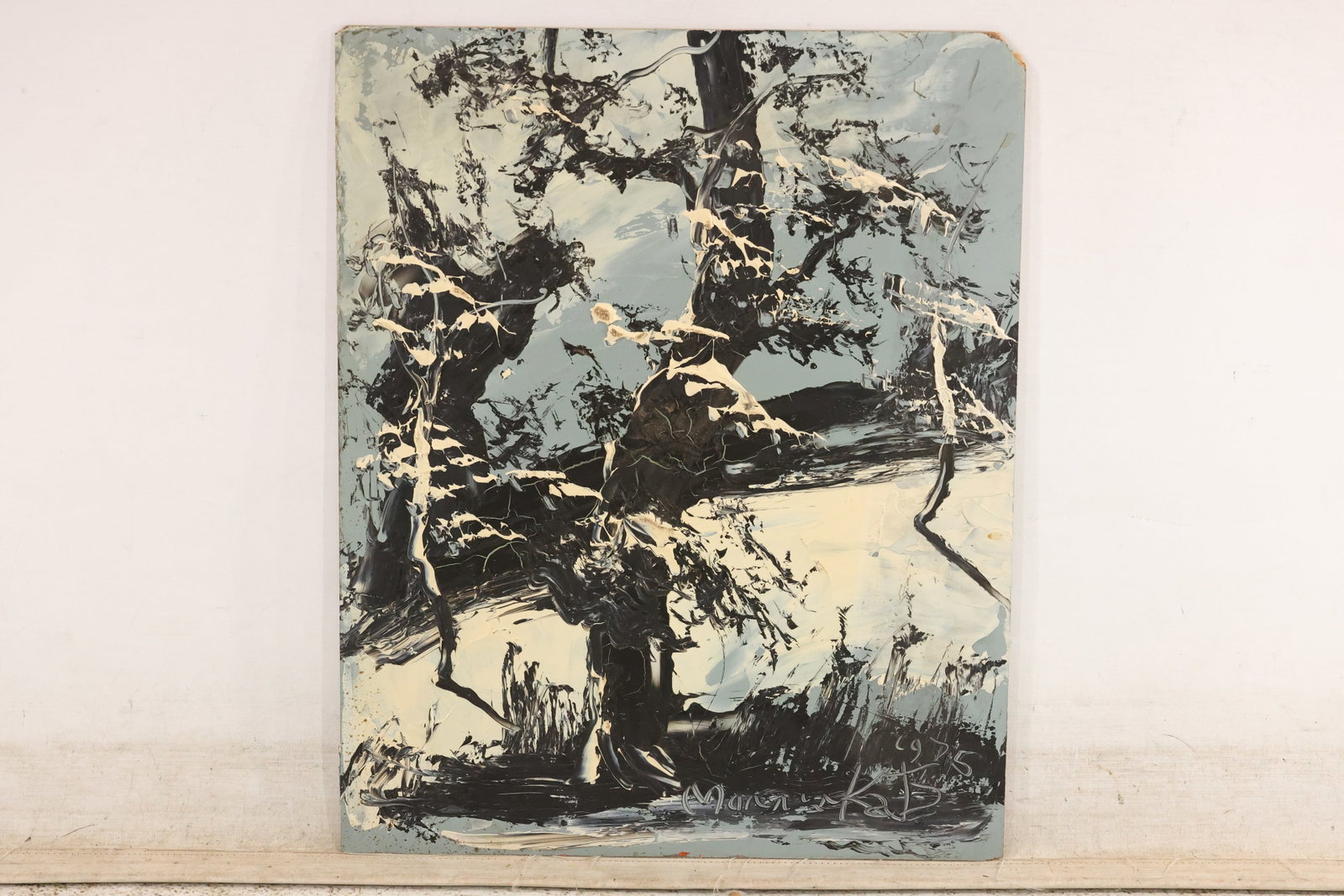Morris Katz Snowy Woodland Painting: Painting by Morris Katz depicting a wintry woodland with dark trees, rocks, and small deer amid white snow. Black, gray, and pale blue passages create a cool, nearly monochromatic scene with pronounce