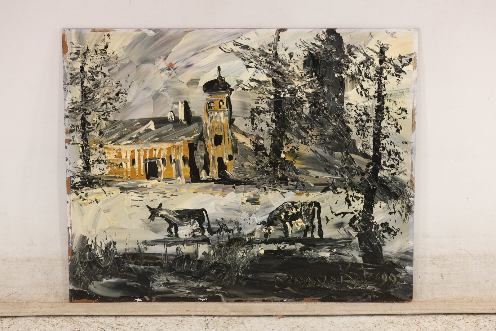 Morris Katz Rural Church and Cattle Painting: Painting by Morris Katz depicting a yellow church with a tower, surrounded by dark trees and a light wintry landscape. Grazing cattle occupy the foreground. Heavy, directional strokes of black, white,